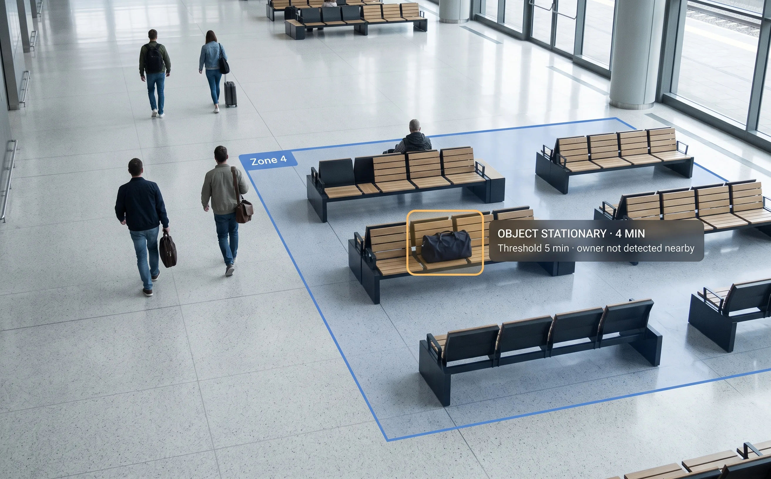 AI abandoned object detection flagging an unattended bag left in a defined zone of a transit concourse, from an existing camera