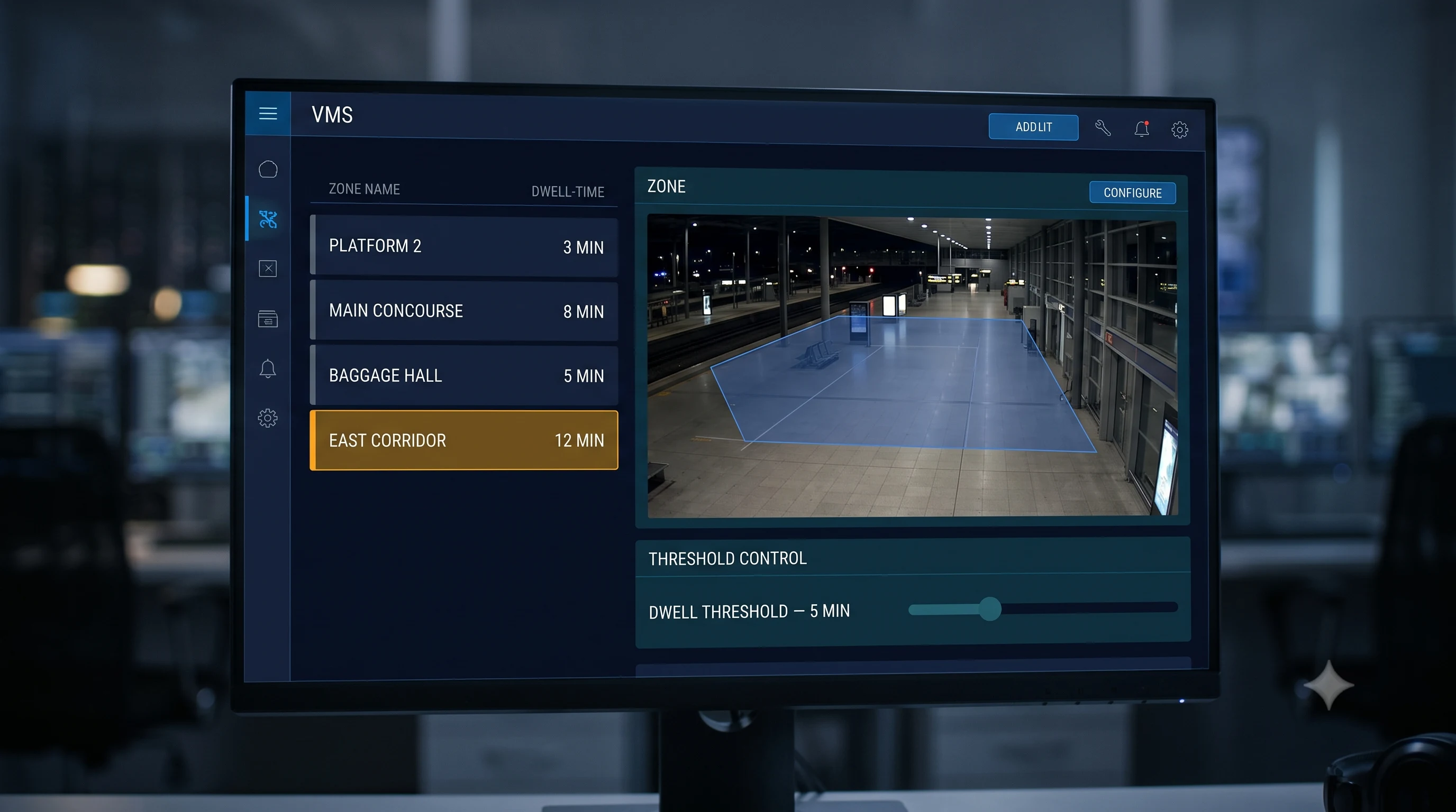 Dwell-time threshold configuration showing different limits set for a busy platform versus a quiet corridor