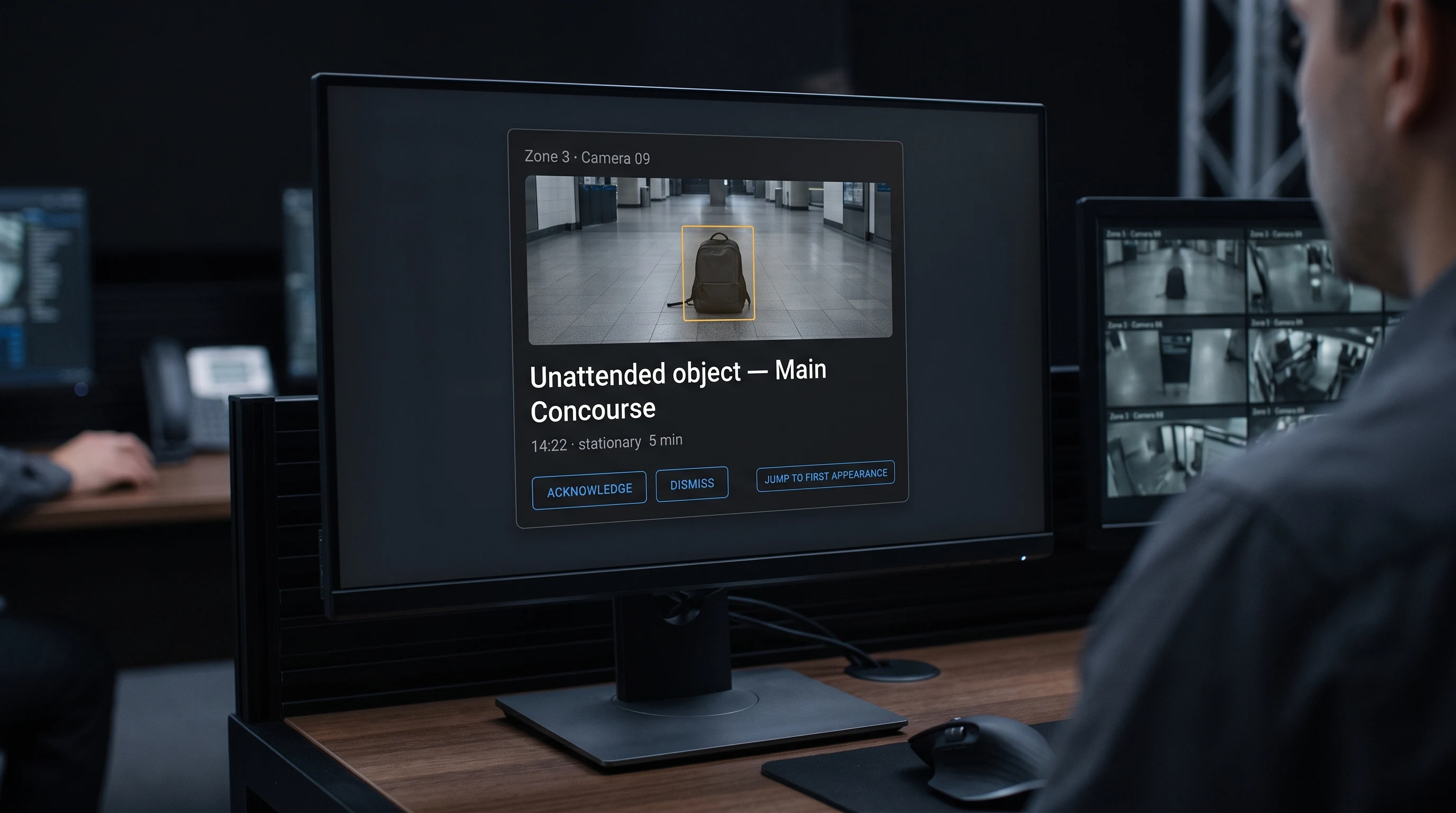 Real-time alert with a timestamped snapshot sent to a control room operator