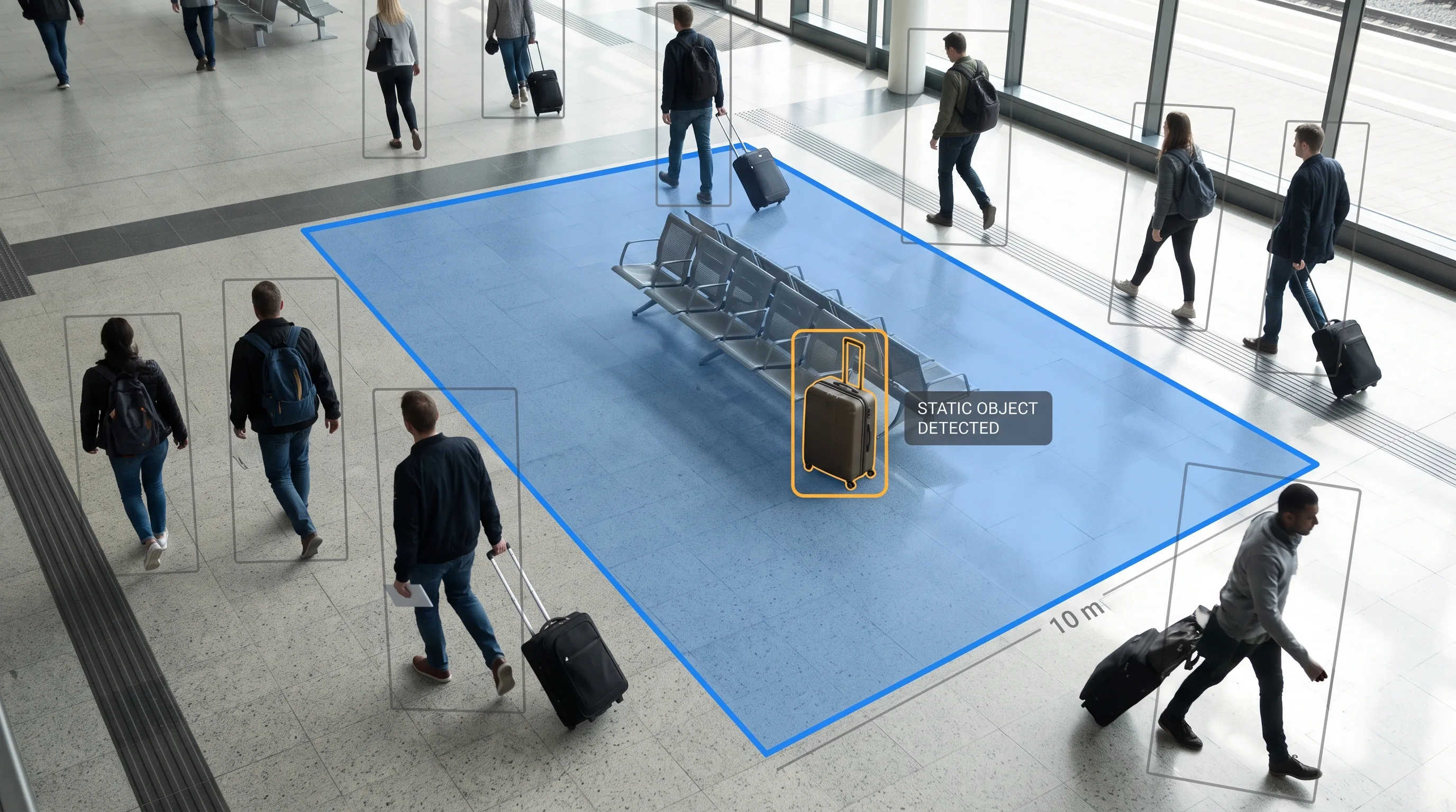 AI detecting a stationary bag left in a defined zone on a station platform, from an existing camera