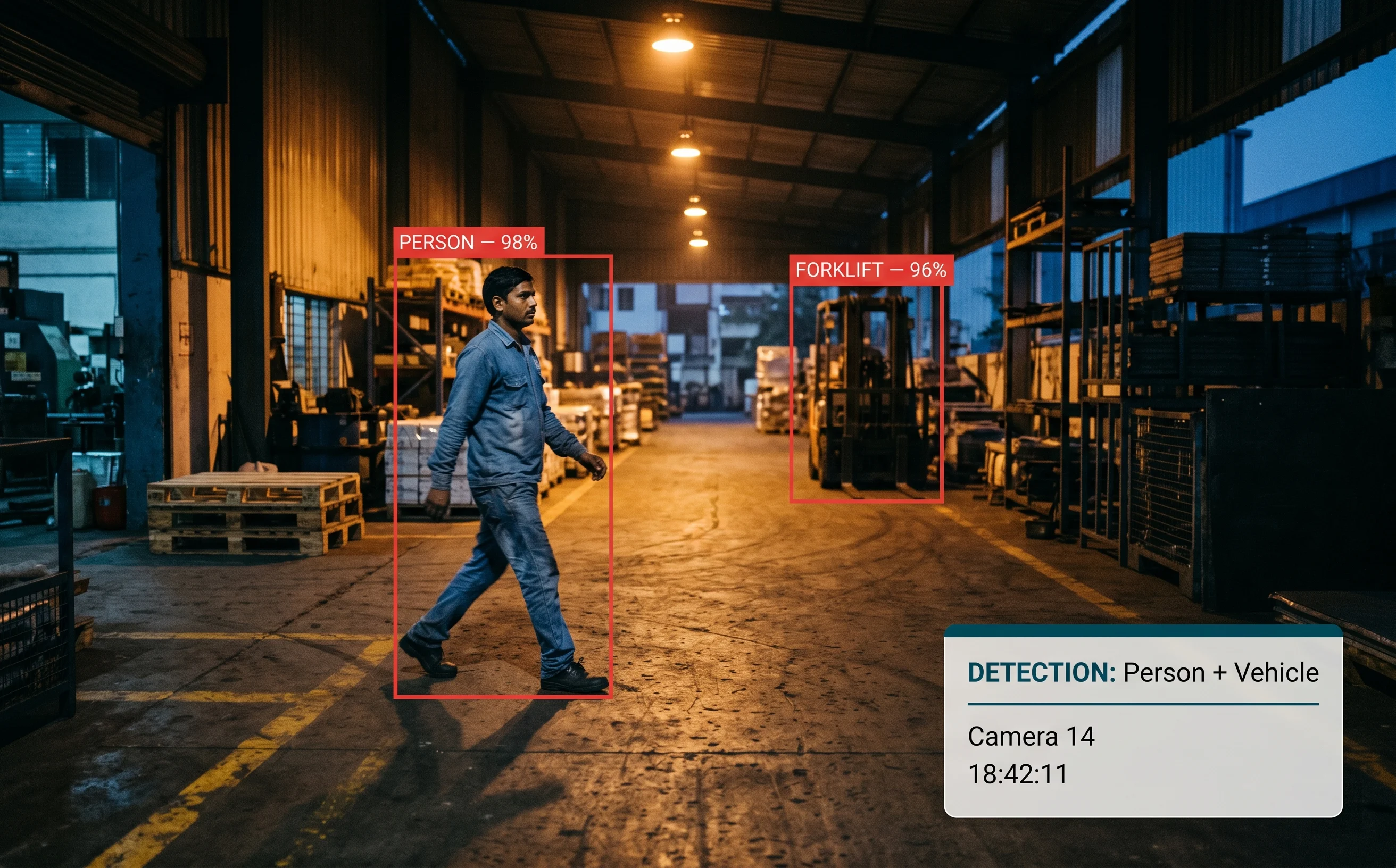 Real-time object and people detection across multiple CCTV feeds with bounding box overlays and confidence labels