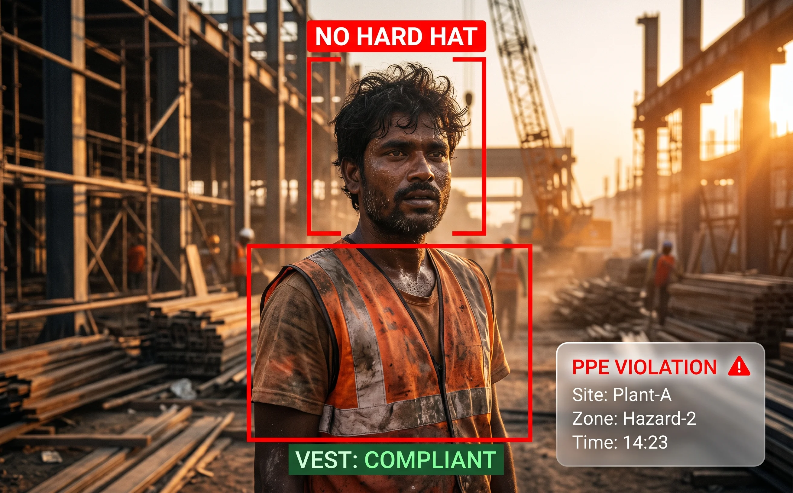 PPE detection on a worker entering a hazard zone with helmet, vest, and glove compliance verified by AI