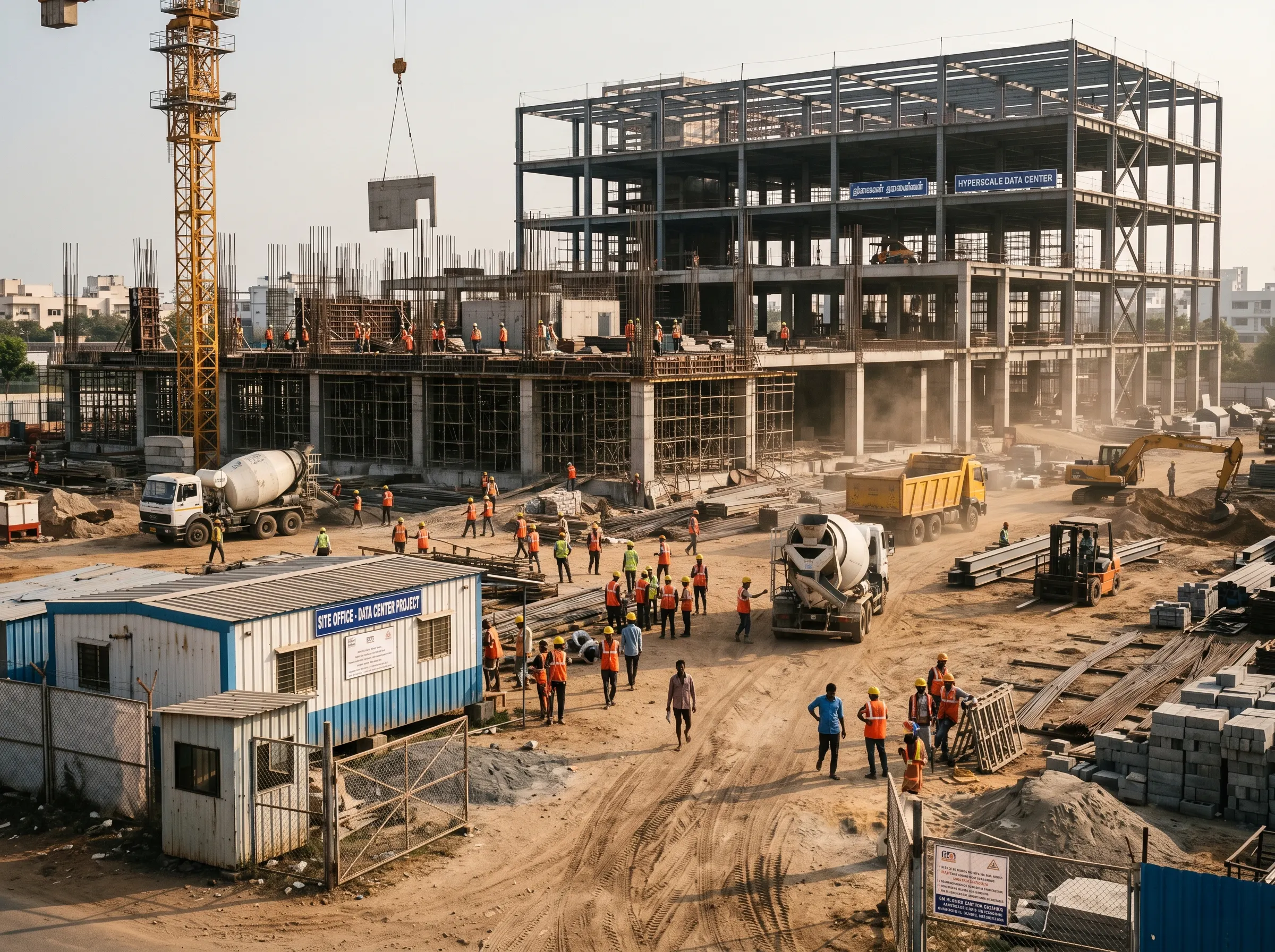 Active STT GDC India data center construction site — hundreds of workers and heavy vehicles before AI-powered safety surveillance