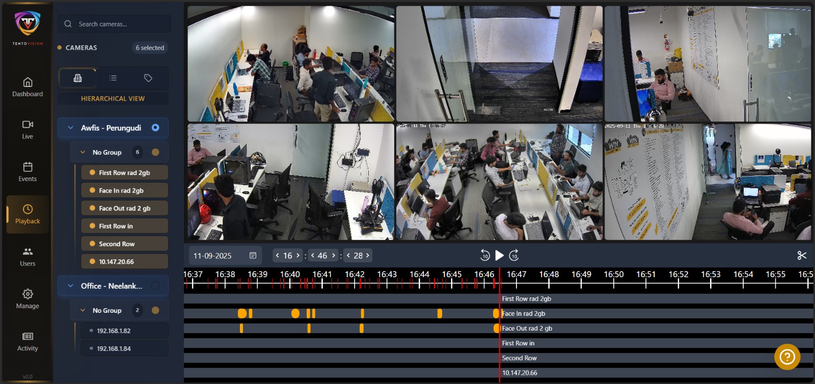 User management and activity log dashboard in TentoVision on-premises VMS at Banco India — every footage access timestamped and audited