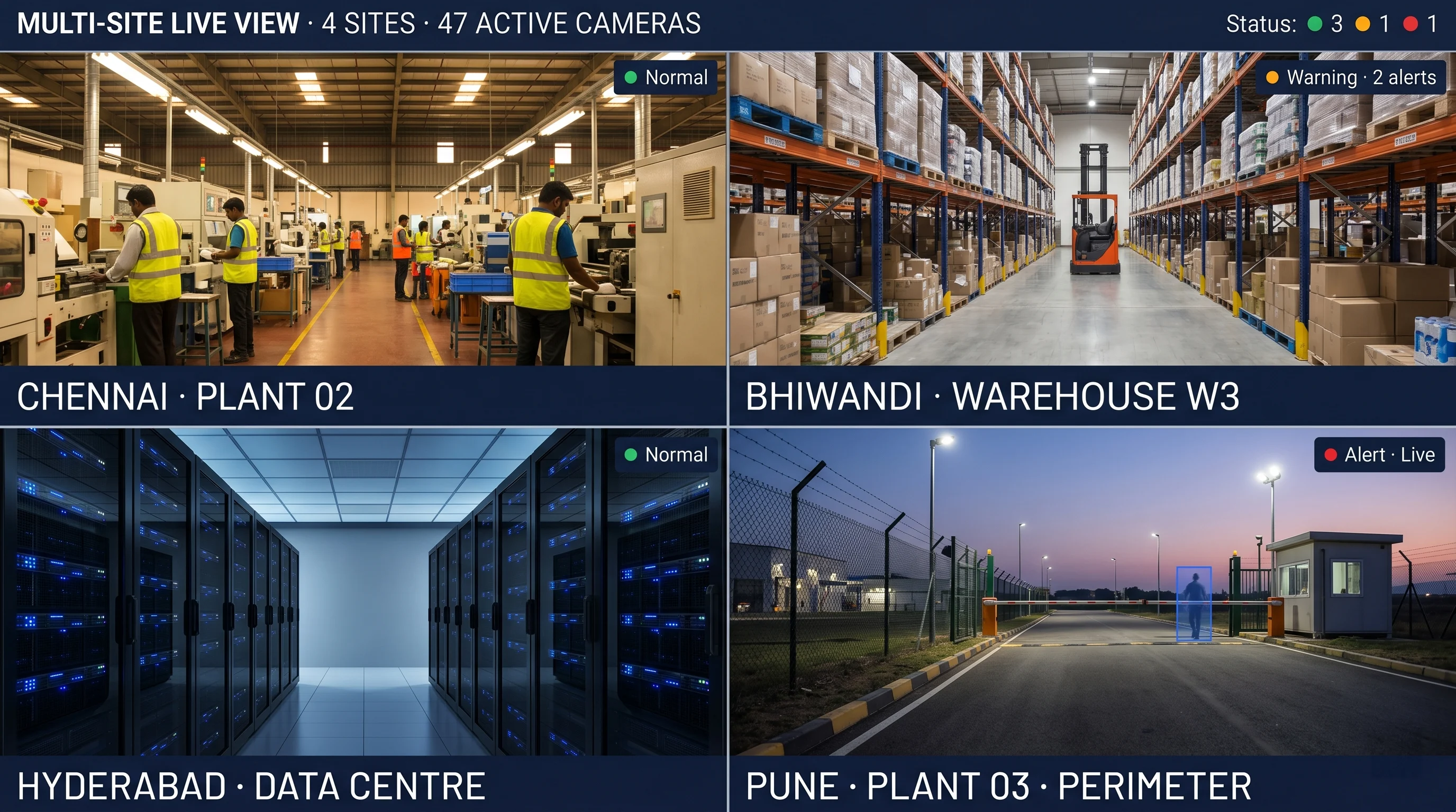 Tentovision multi-site CCTV monitoring across factory, warehouse, office locations from one dashboard