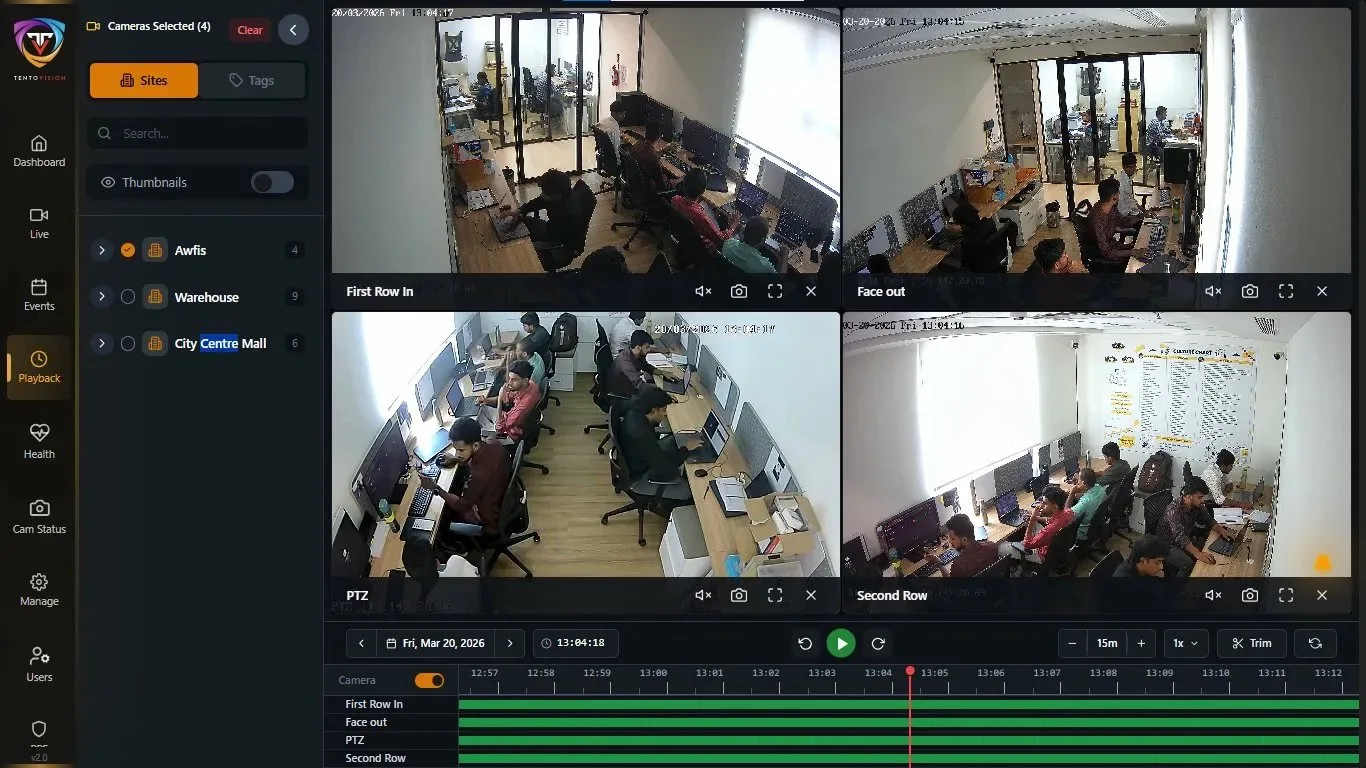 TentoVision CCTV playback event investigation timeline