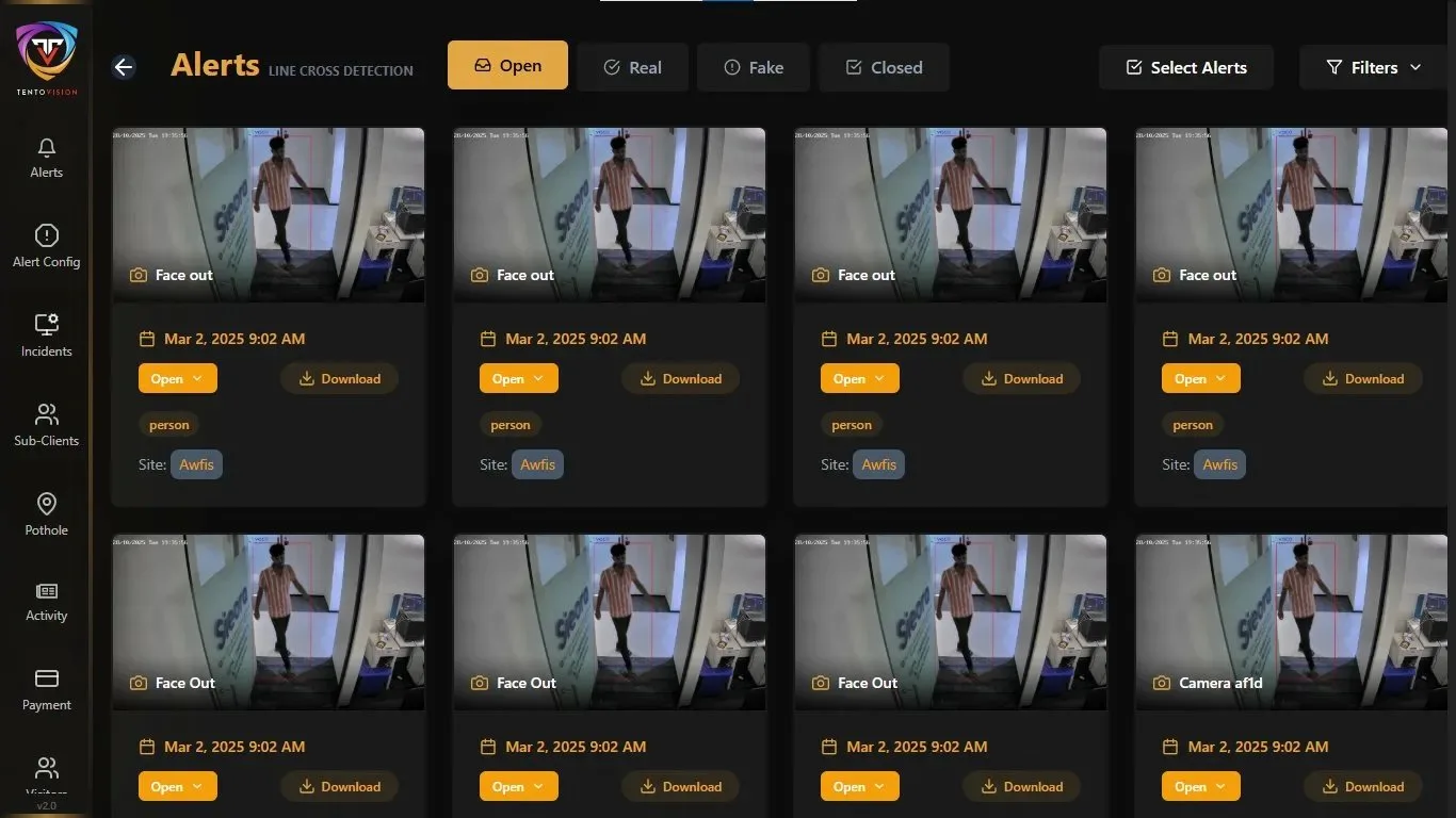 TentoVision real-time CCTV alert and notification dashboard