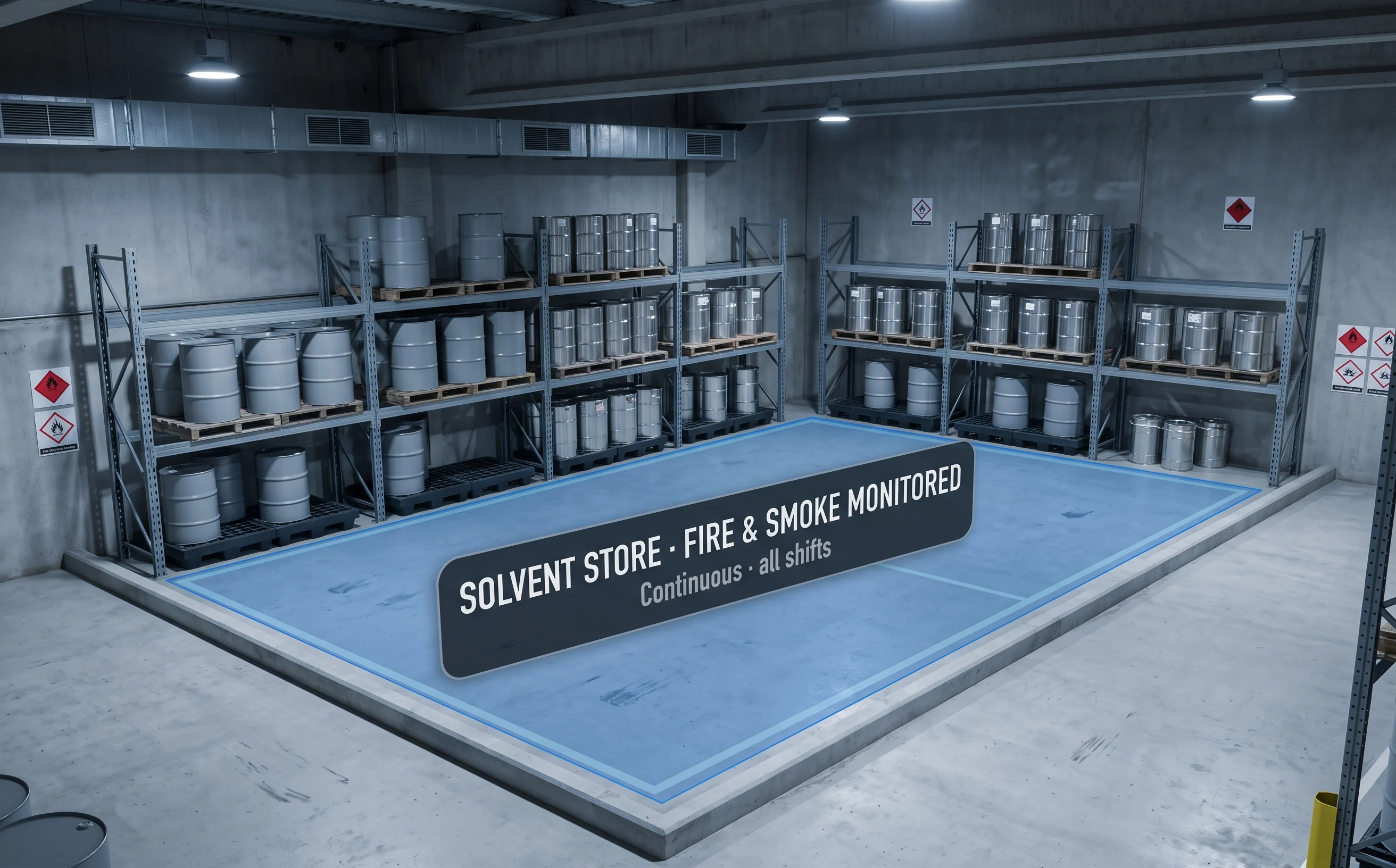 Fire safety compliance monitoring covering a solvent store and emergency exit routes