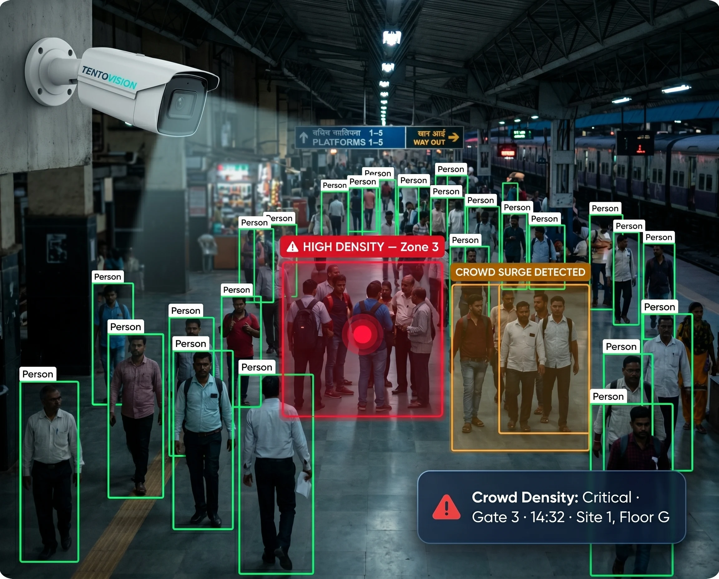 Tentovision crowd analysis dashboard showing real-time crowd density heatmap on a CCTV feed