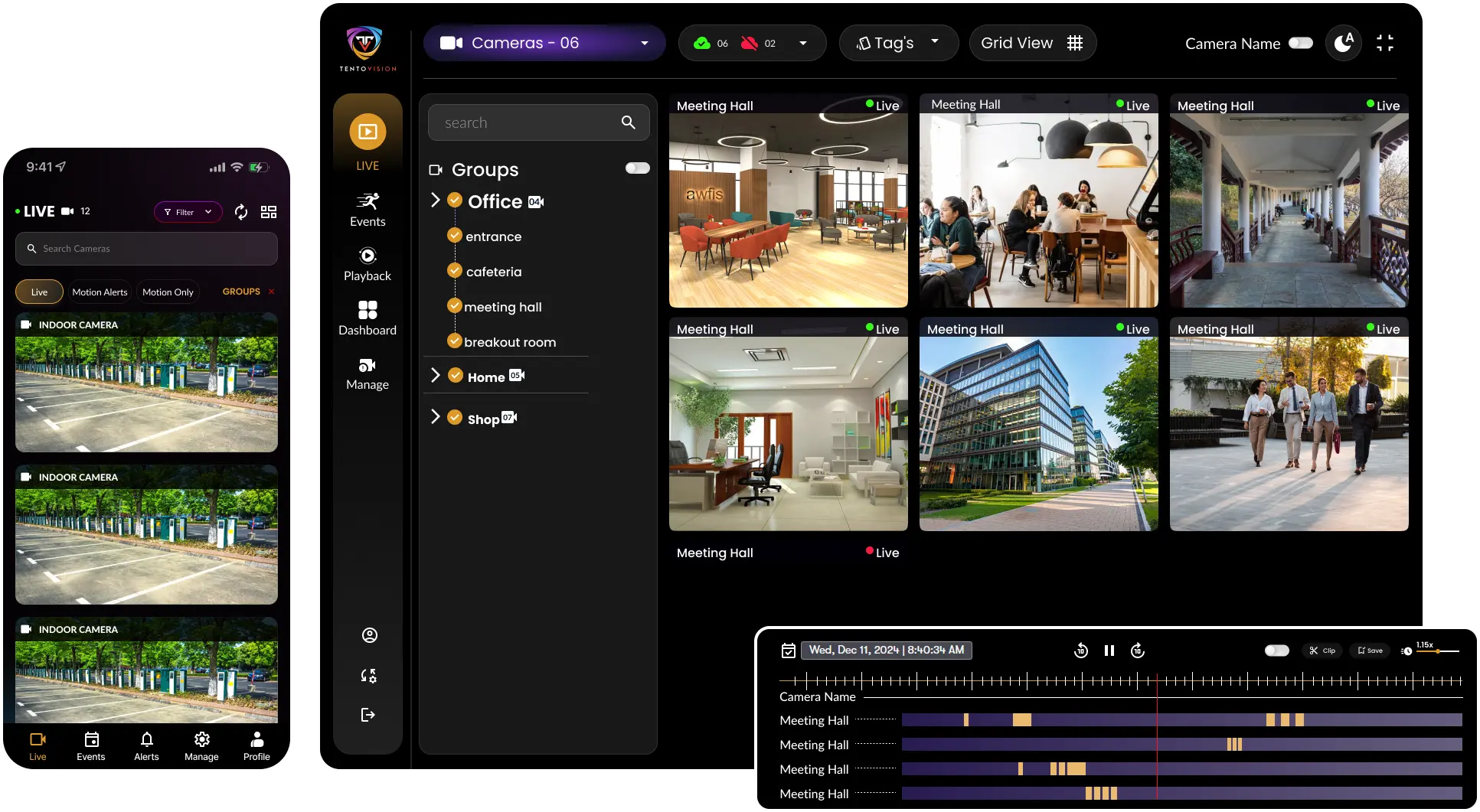 Tentovision cloud VMS dashboard showing multiple Dahua camera feeds (IPC-HDW, IPC-HFW, SD-series PTZ) with live monitoring, AI analytics overlays, and remote access from browser and mobile