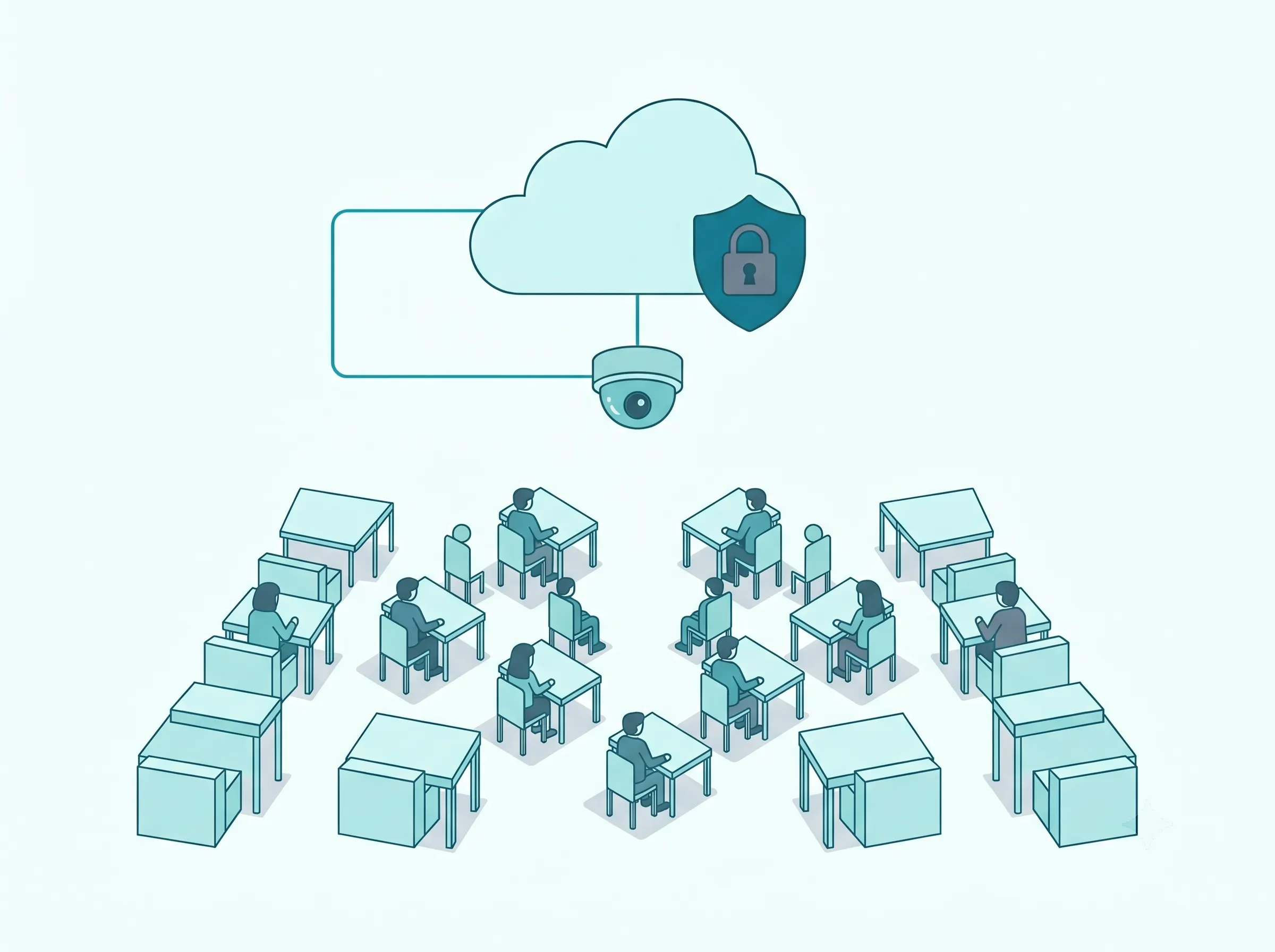 Tentovision tamper-proof exam hall recording stored directly to cloud with audit timeline showing immutable timestamps, role-restricted access, and integrity-verified seal for examination dispute resolution