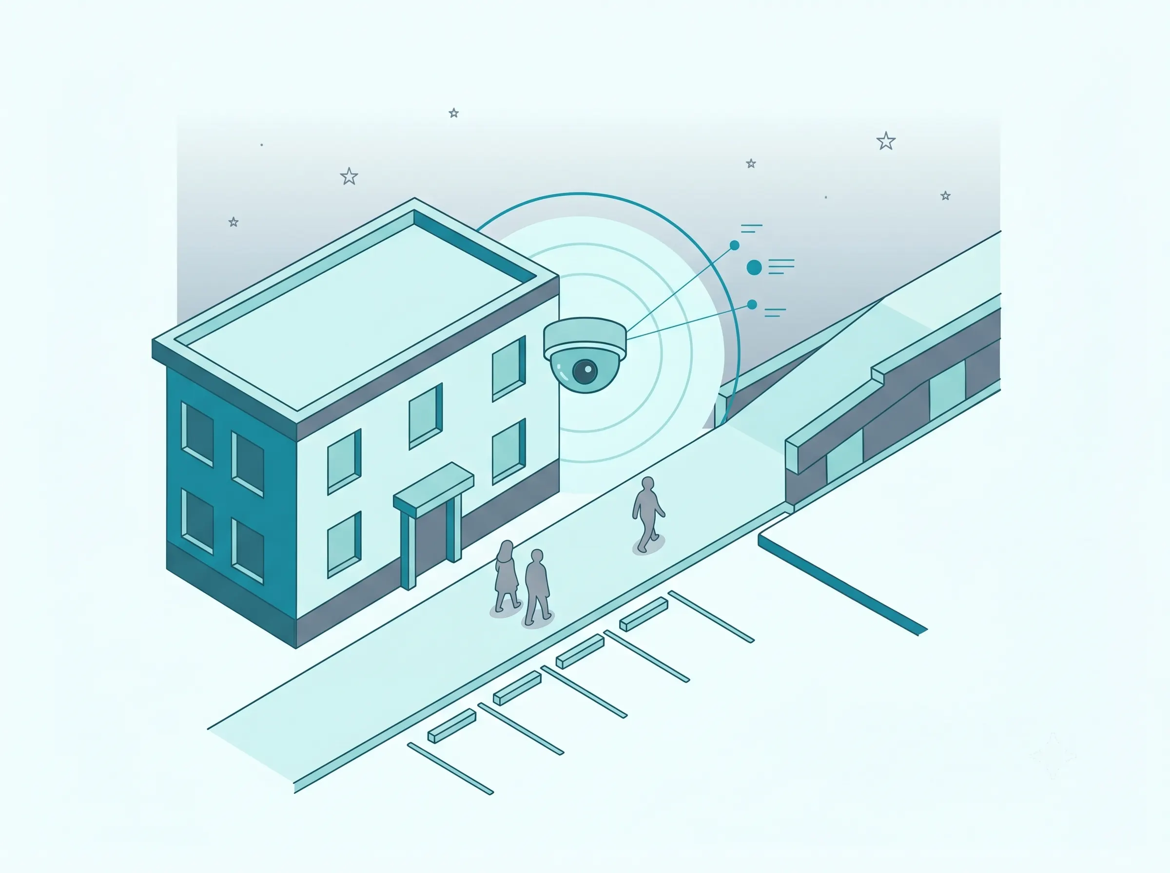 Tentovision after-hours intrusion alert on a campus perimeter camera showing motion-detected bounding box, real-time alert pushed to security team mobile, and camera health monitoring confirming all critical cameras online
