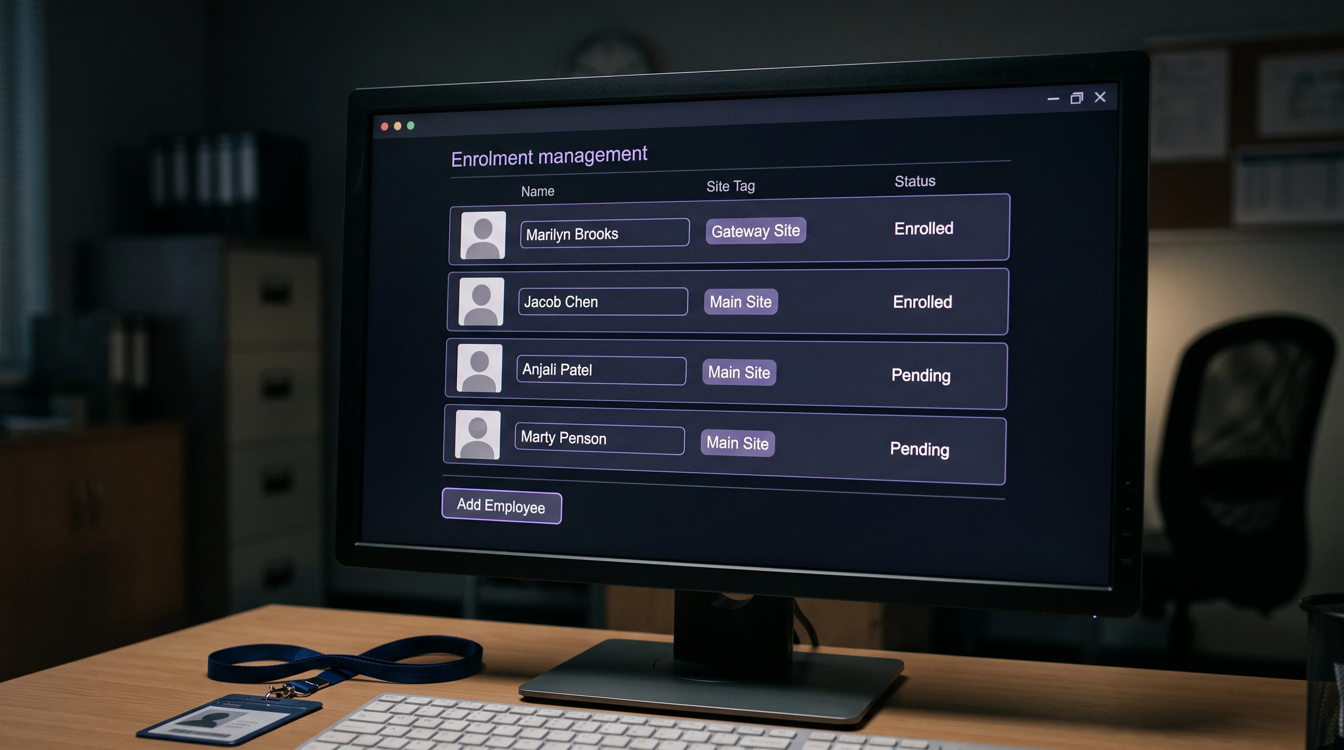 Employee enrolment screen adding a new employee's face record with consent to the attendance system