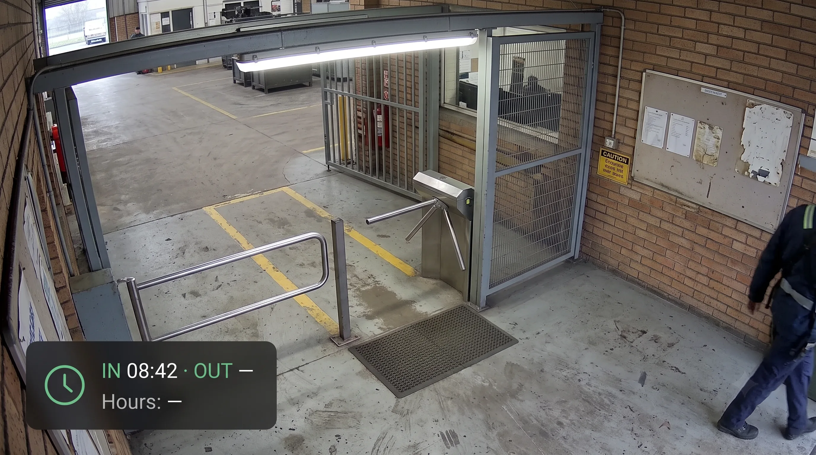 Entry and exit timestamps logged for an employee with working hours calculated automatically