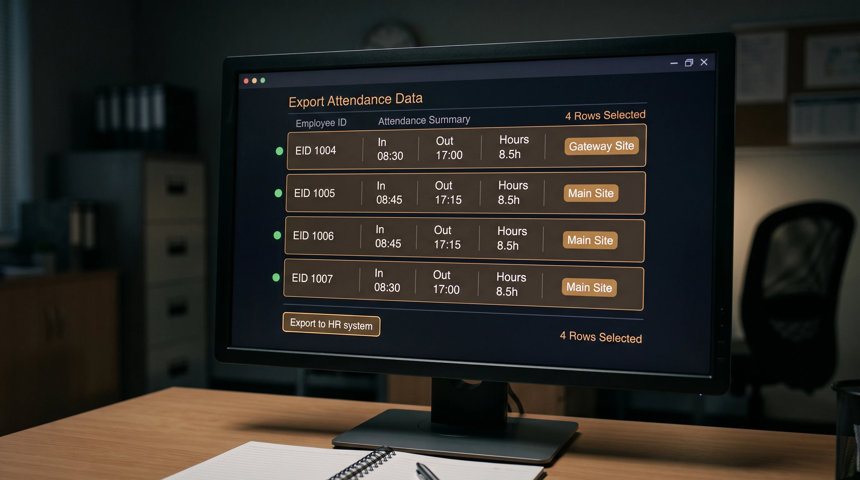 Attendance records exporting from the dashboard into an HR and payroll system