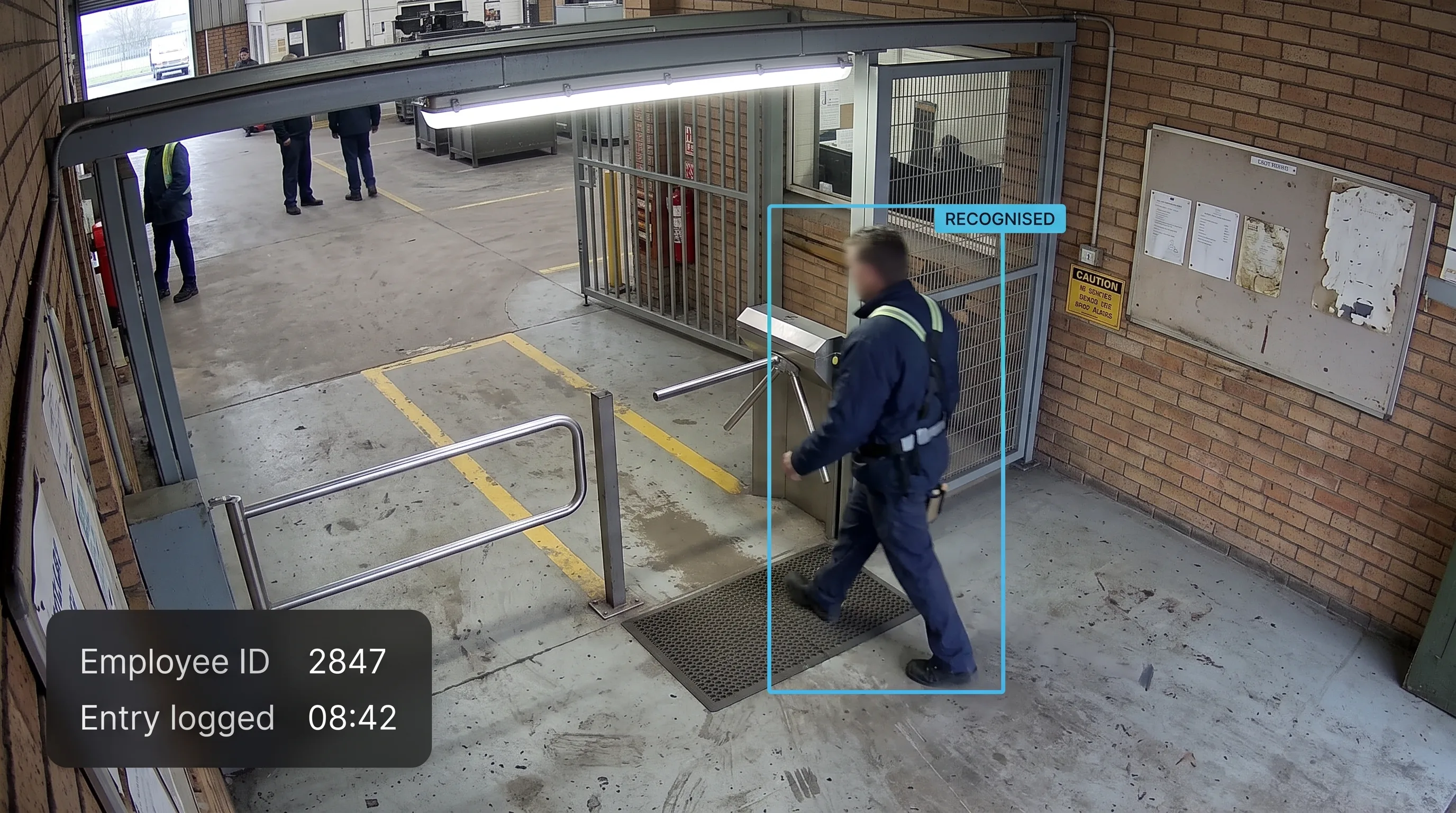 Employee recognised and attendance logged automatically while walking through a factory gate camera, no device touched