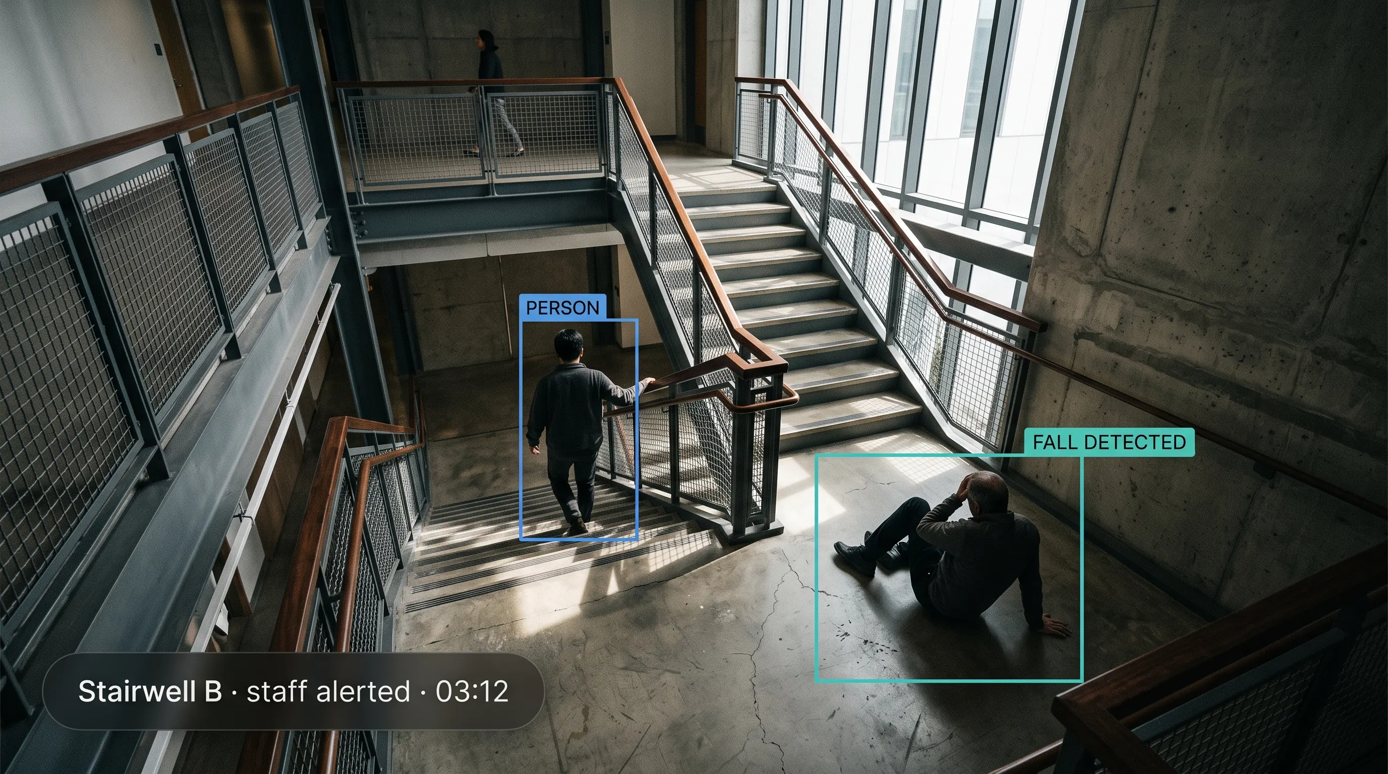 AI fall detection alerting nursing staff to a fall and post-fall immobility in a hospital corridor, using an existing camera with privacy-preserving anonymised output