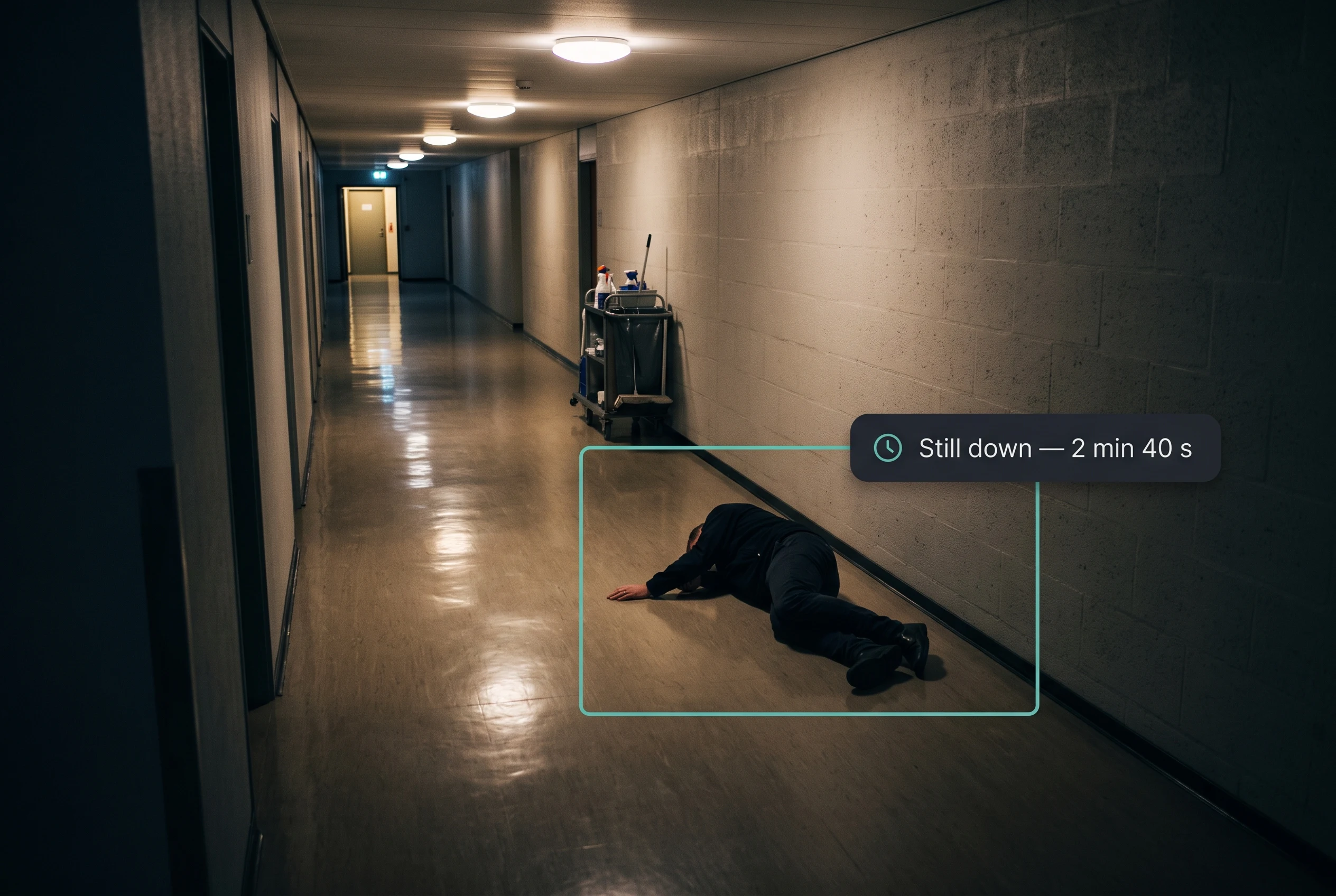 Post-fall immobility detection confirming a person has remained down after a fall