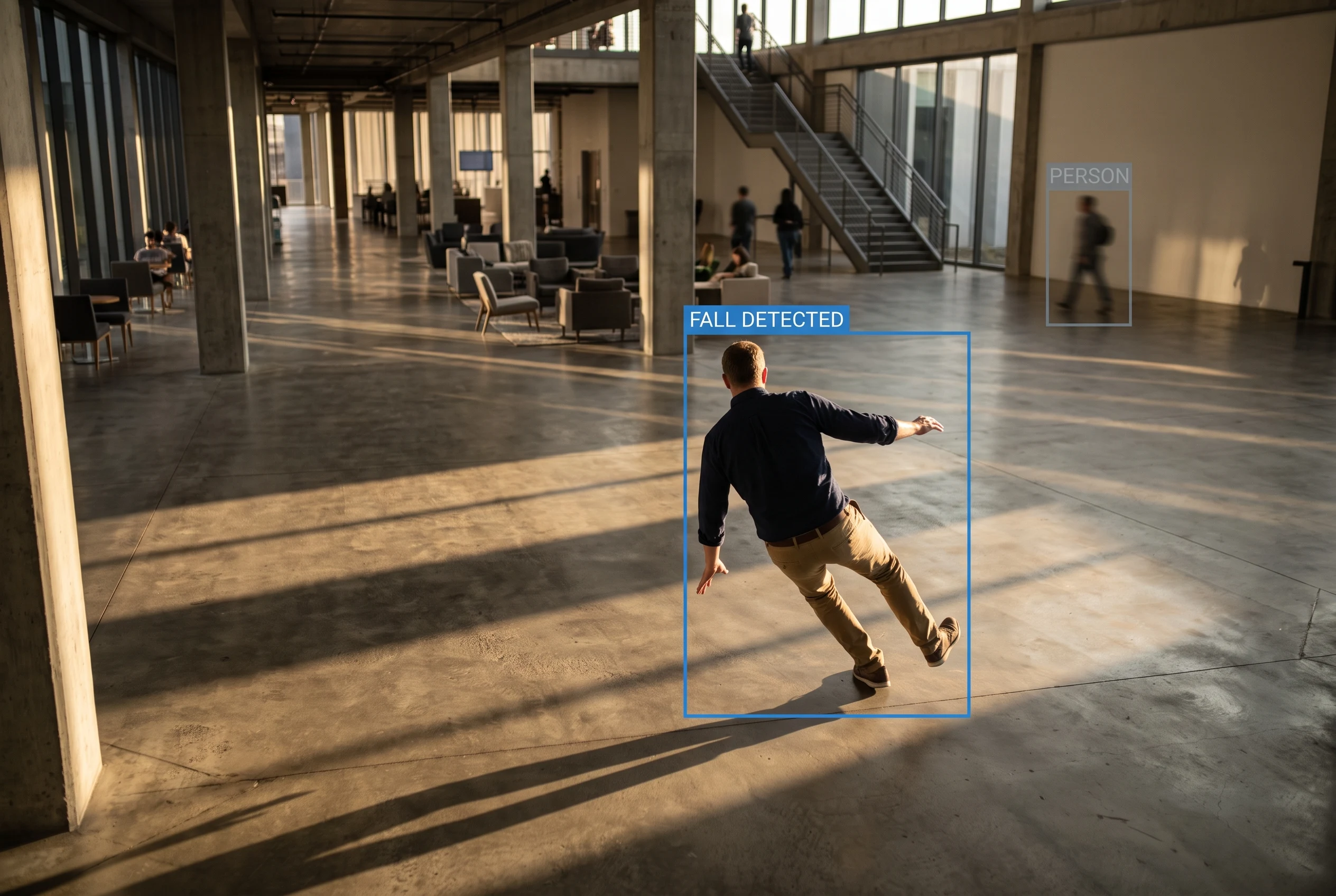 Real-time AI fall detection from an existing camera using body-posture analysis with anonymised output