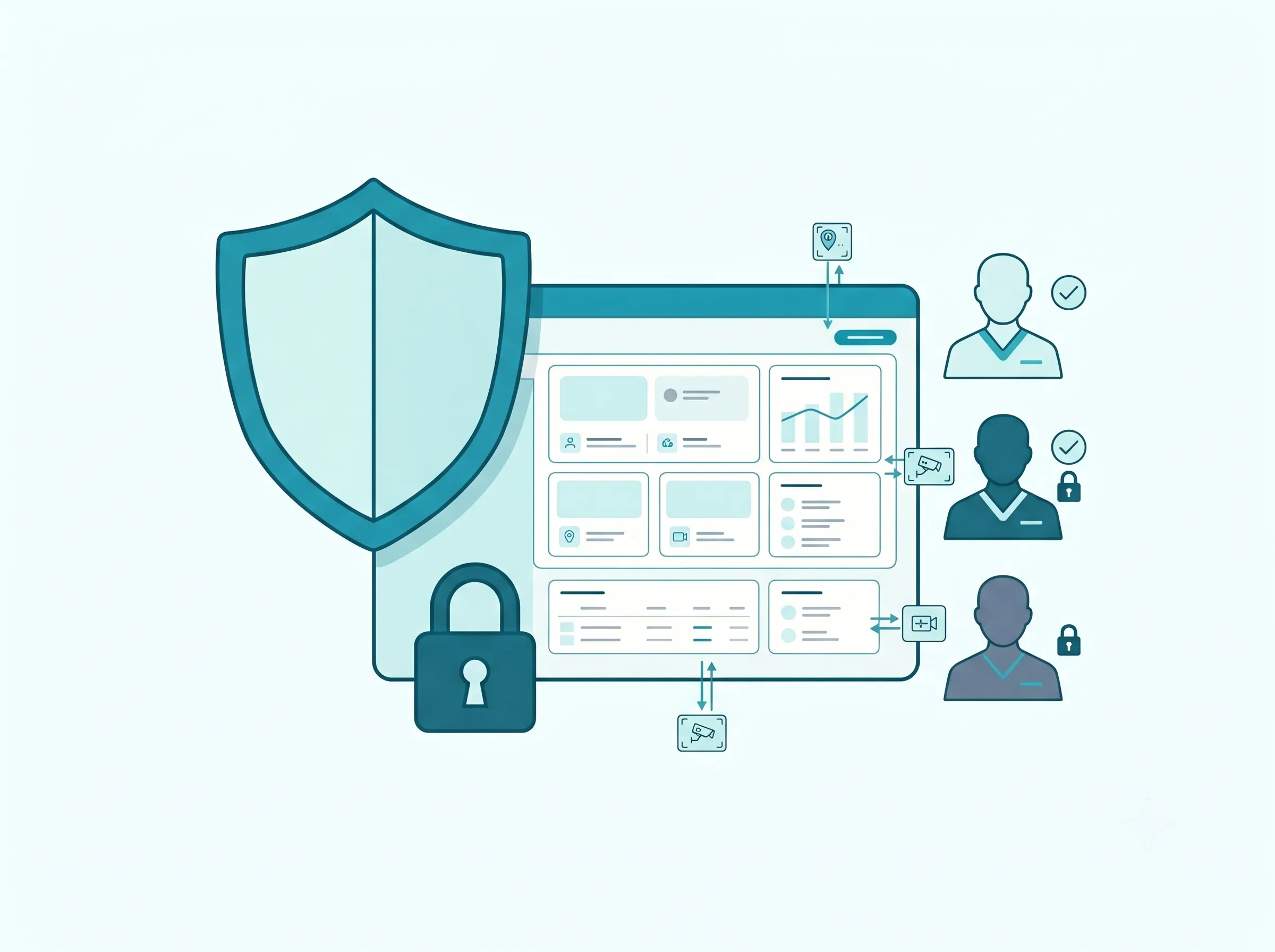 Tentovision role-based access control matrix showing different permission levels for security guards, facility administrators, and clinical staff, with audit log entries and patient-area camera restrictions