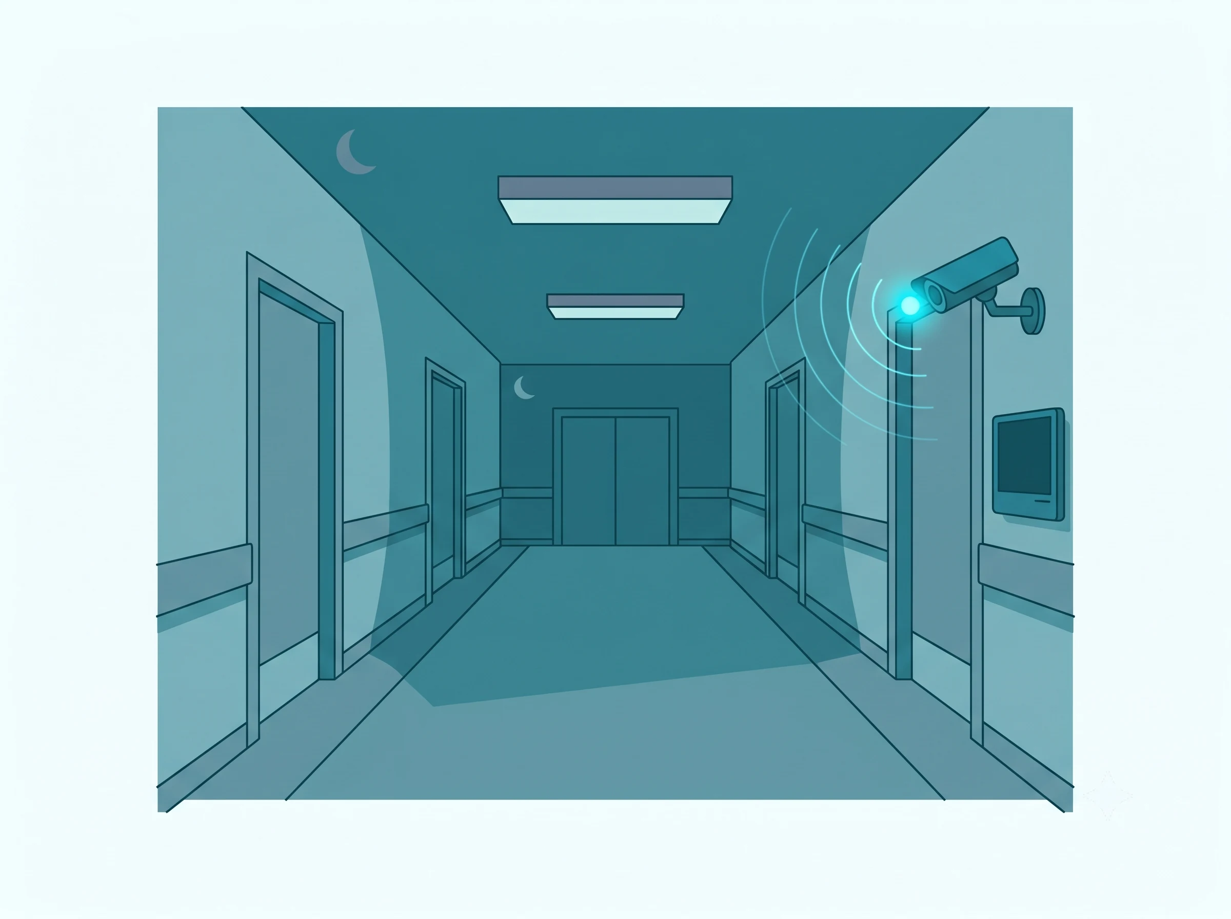 Tentovision AI alert dashboard showing fire/smoke detection in a hospital kitchen at night, with bounding-box overlay, timestamp, and instant push notification to the security team