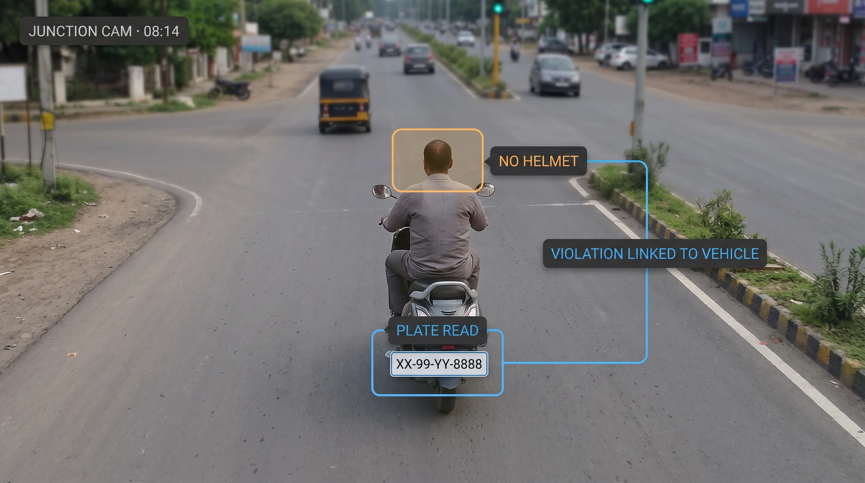 A detected helmet violation linked to a vehicle number plate via ANPR