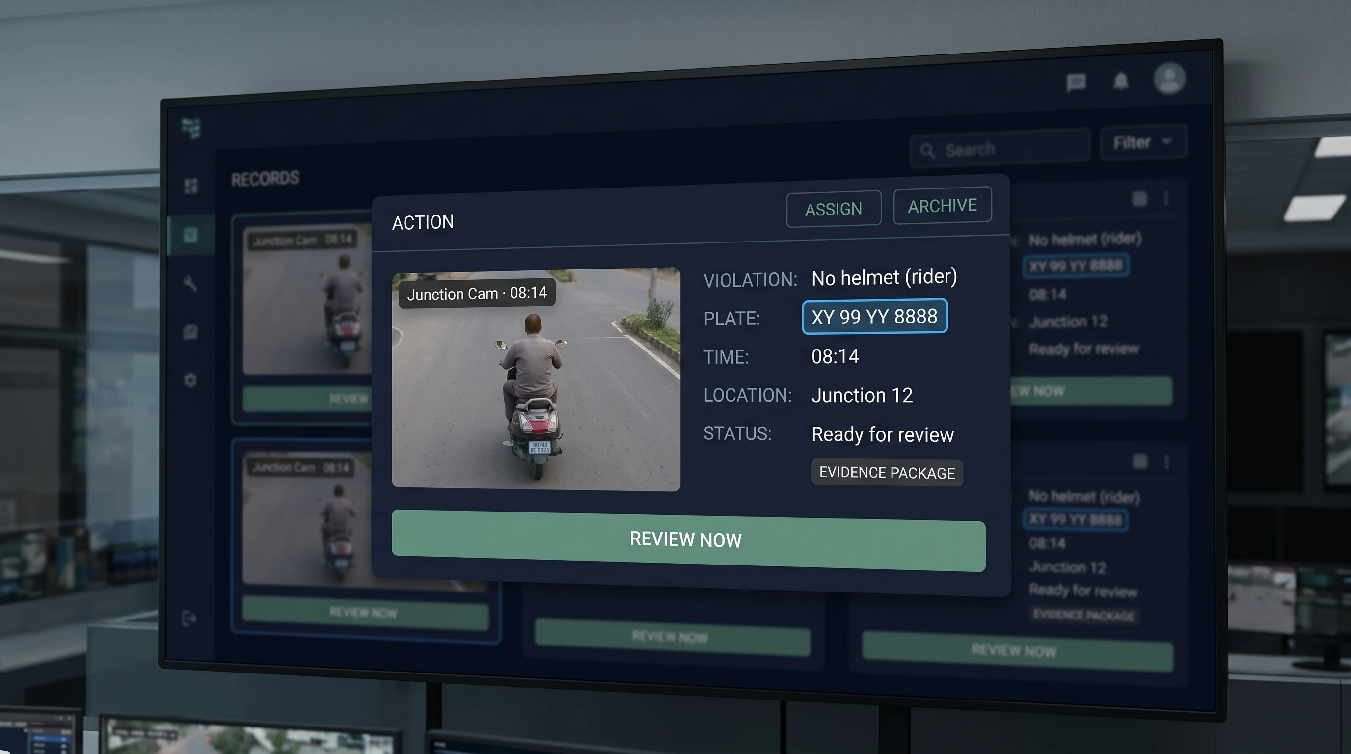 A timestamped evidence package with image, plate and location assembled for the enforcement workflow
