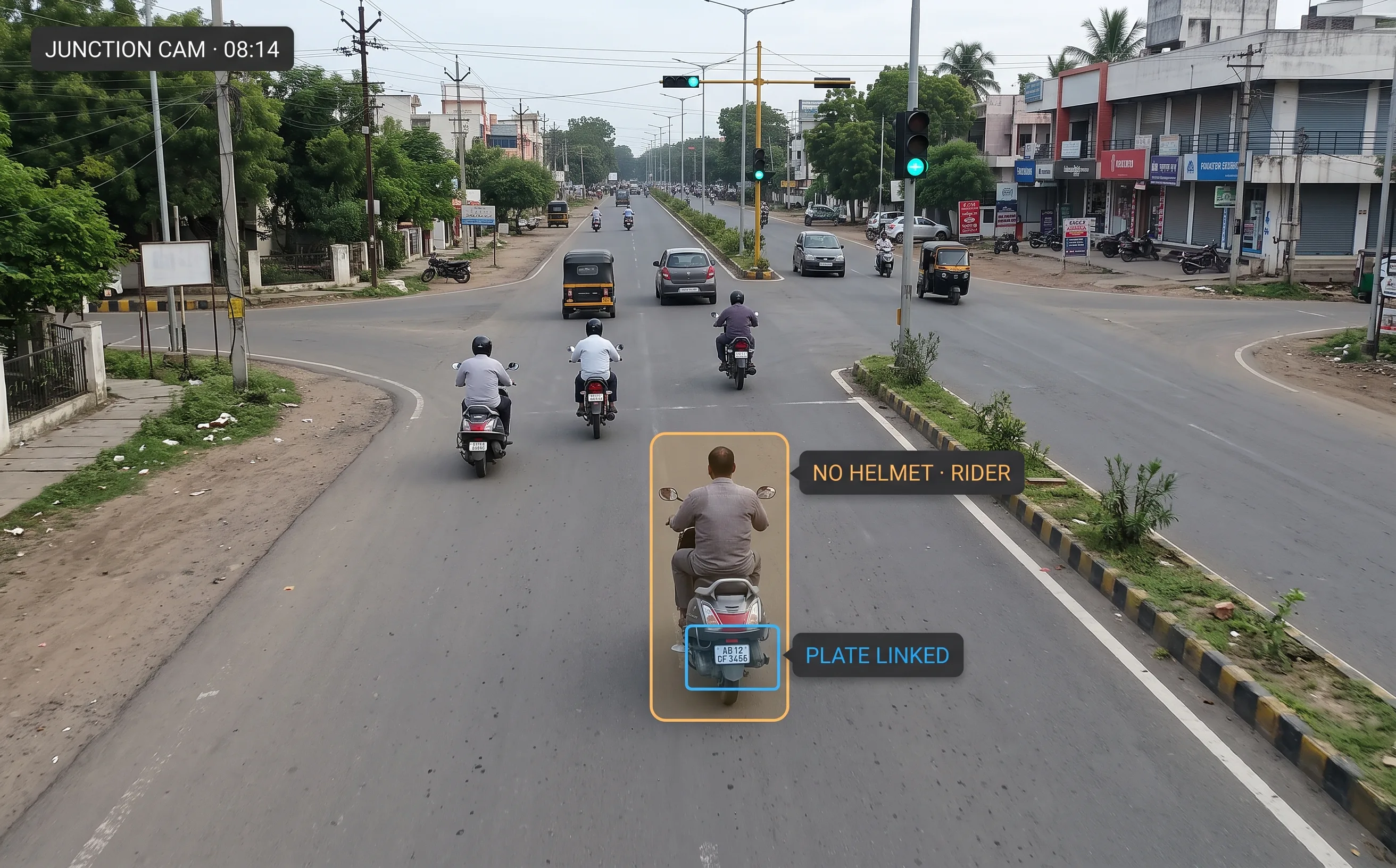 AI helmet detection flagging a two-wheeler rider without a helmet at an ordinary traffic junction, plate linked, from an existing camera