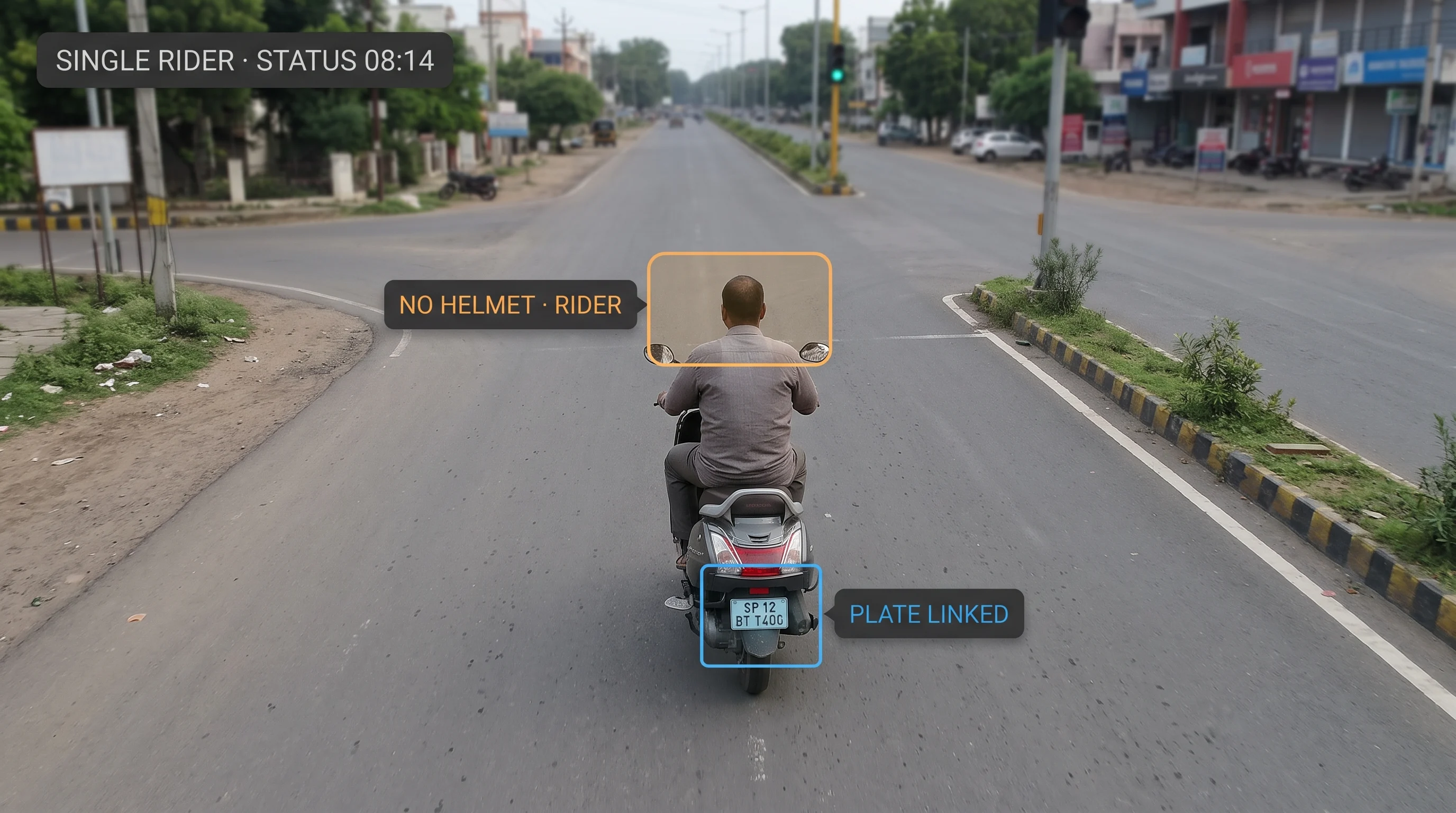 AI detecting a two-wheeler rider without a helmet at a traffic junction