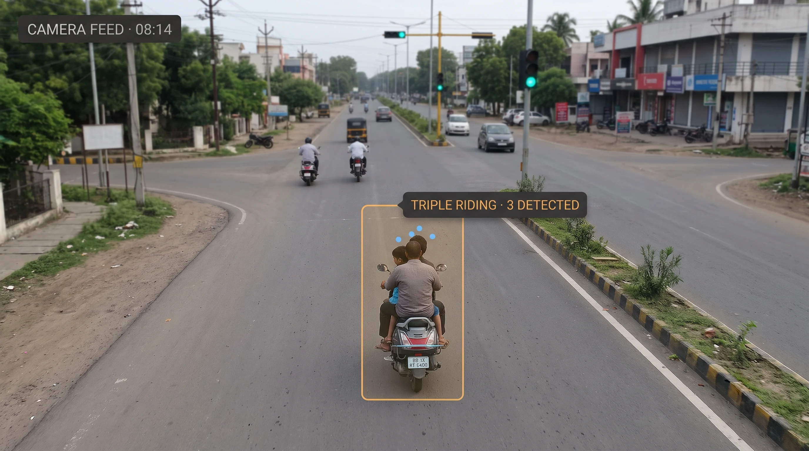 AI detecting triple riding on a two-wheeler exceeding the permitted number of riders