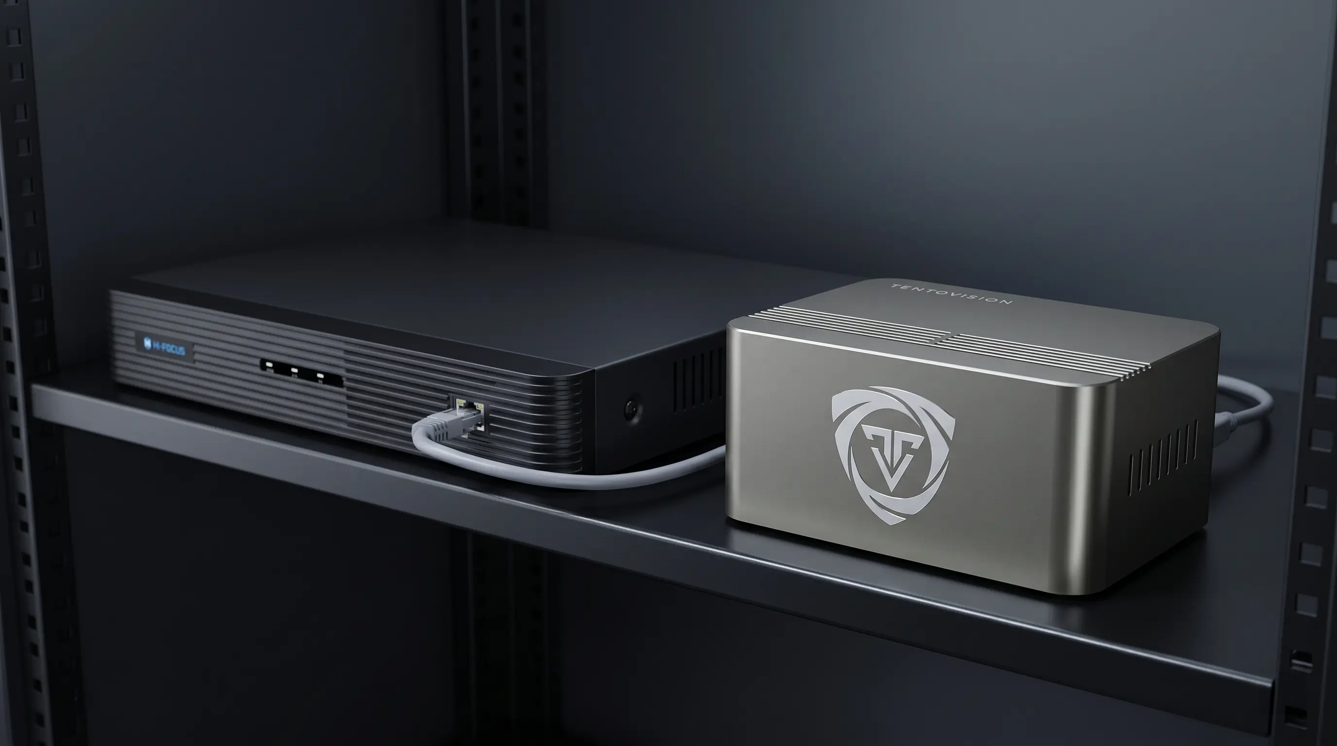 TentoVision Cloud Adapter next to a HiFocus DVR connected via ethernet — cloud backup for HiFocus cameras and DVRs