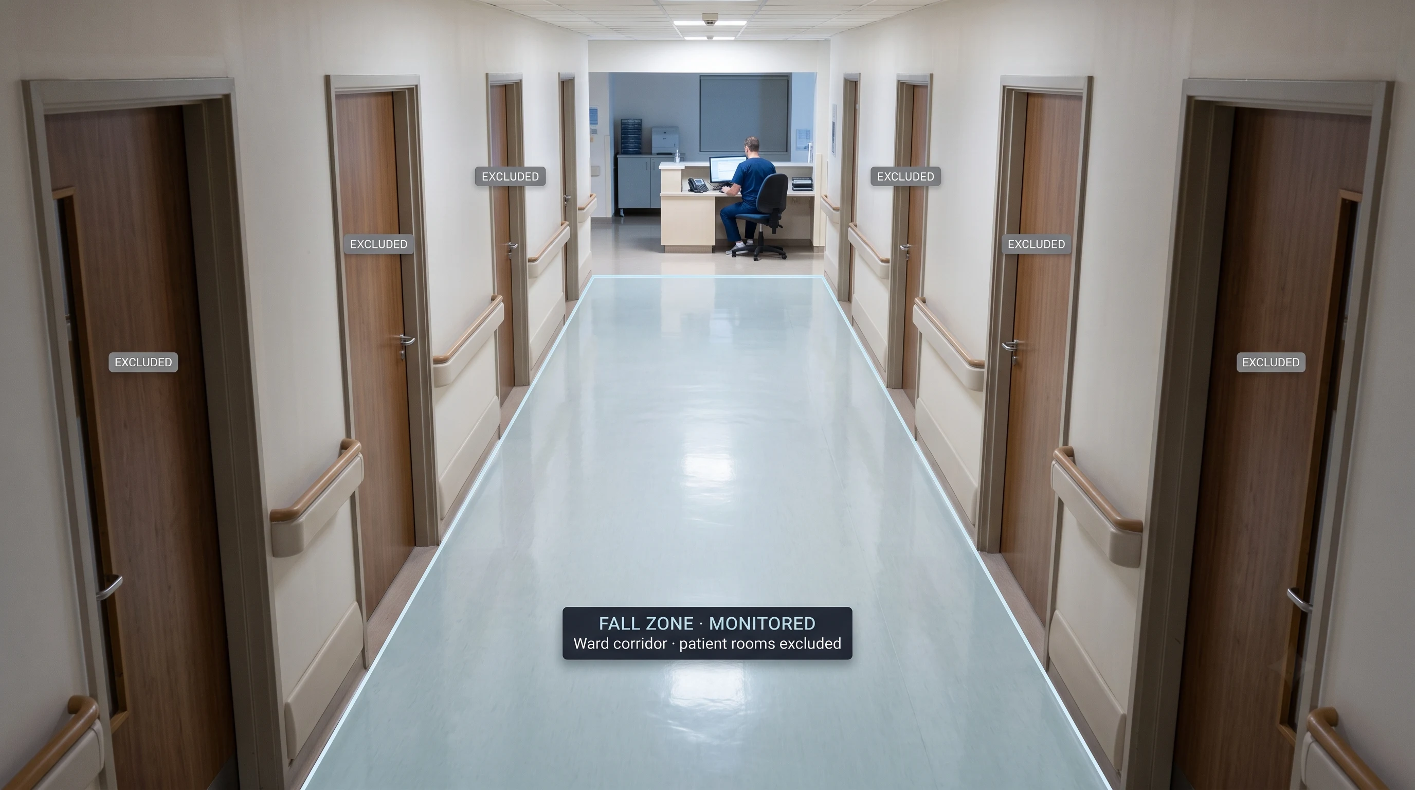 AI detecting a patient fall in a monitored ward corridor and alerting nursing staff, with patient rooms excluded