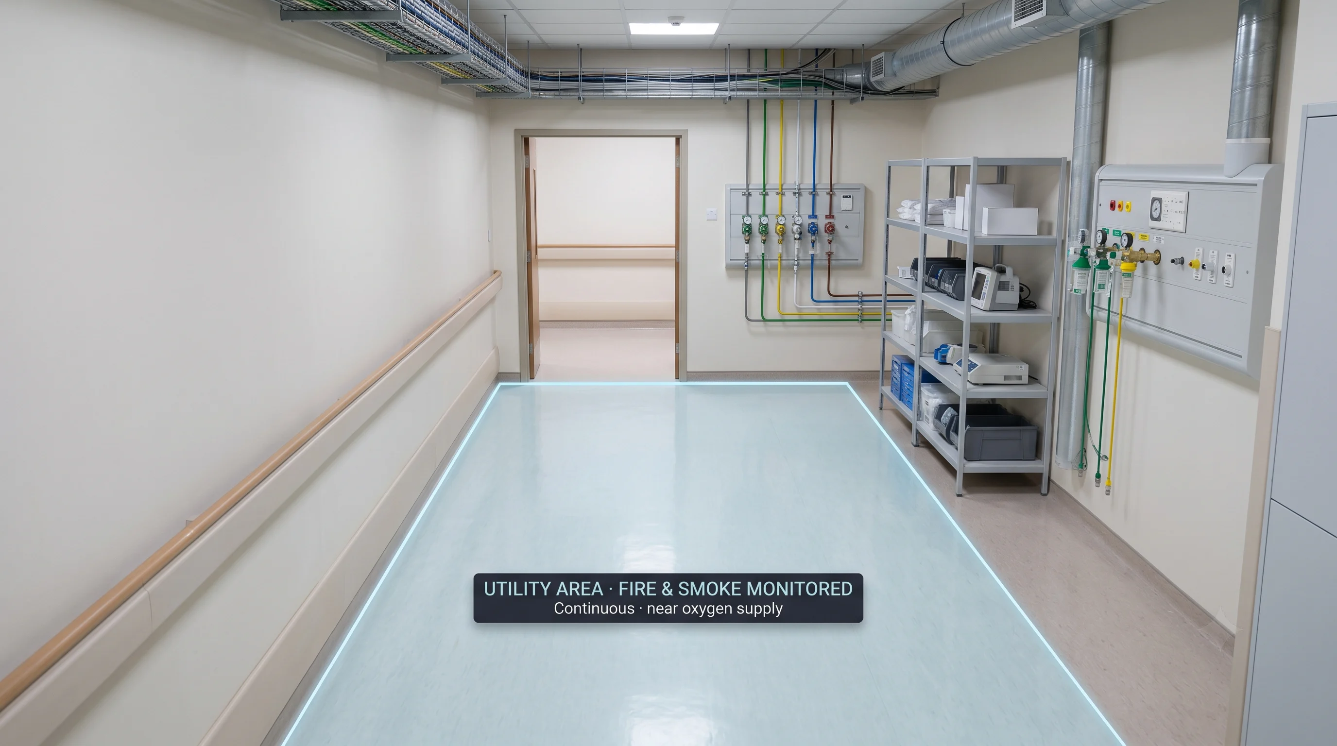AI monitoring a hospital storage and utility area for fire and smoke risk near oxygen and flammable supplies