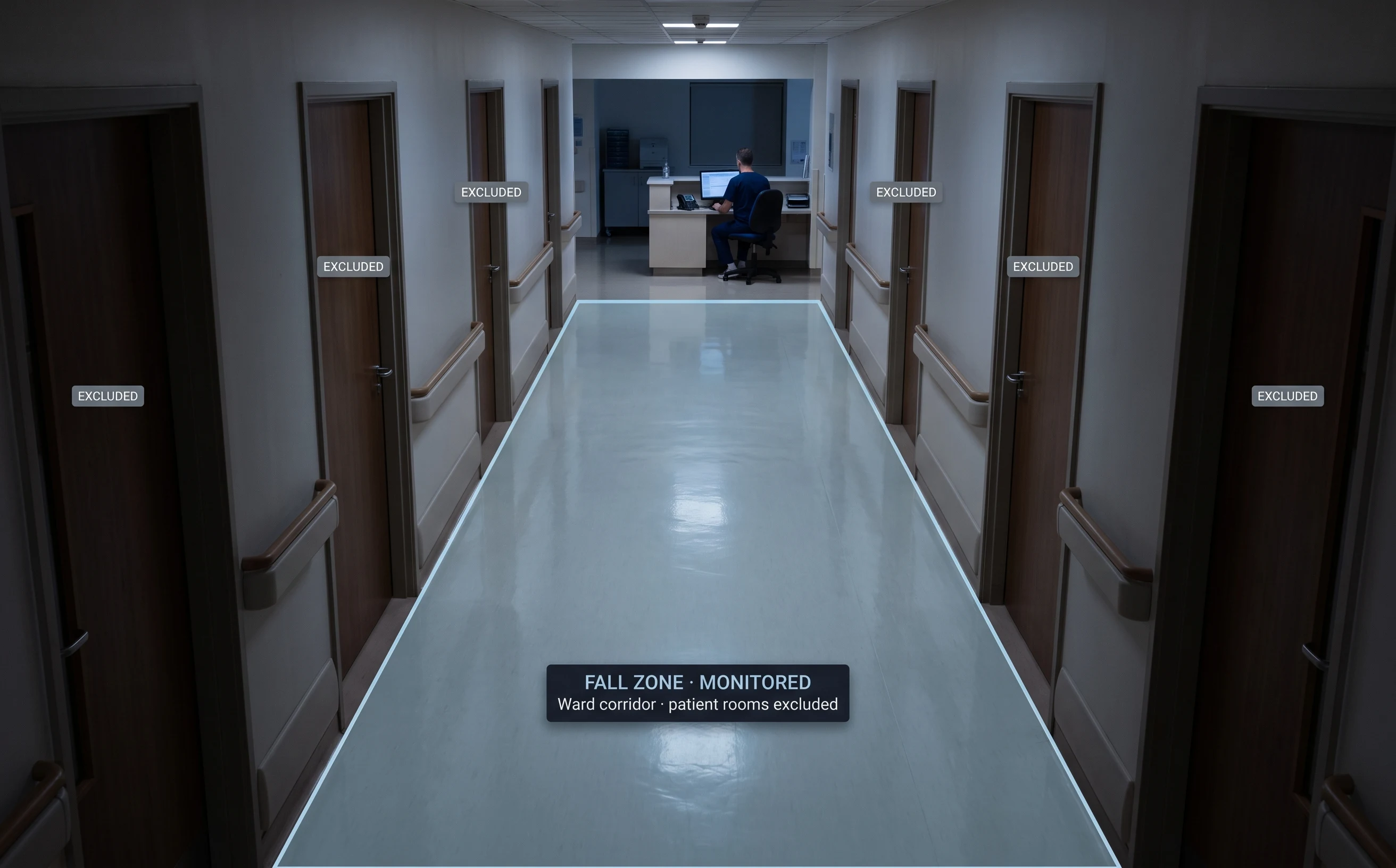 AI hospital video analytics monitoring a ward corridor for patient falls on an existing camera, with patient rooms excluded
