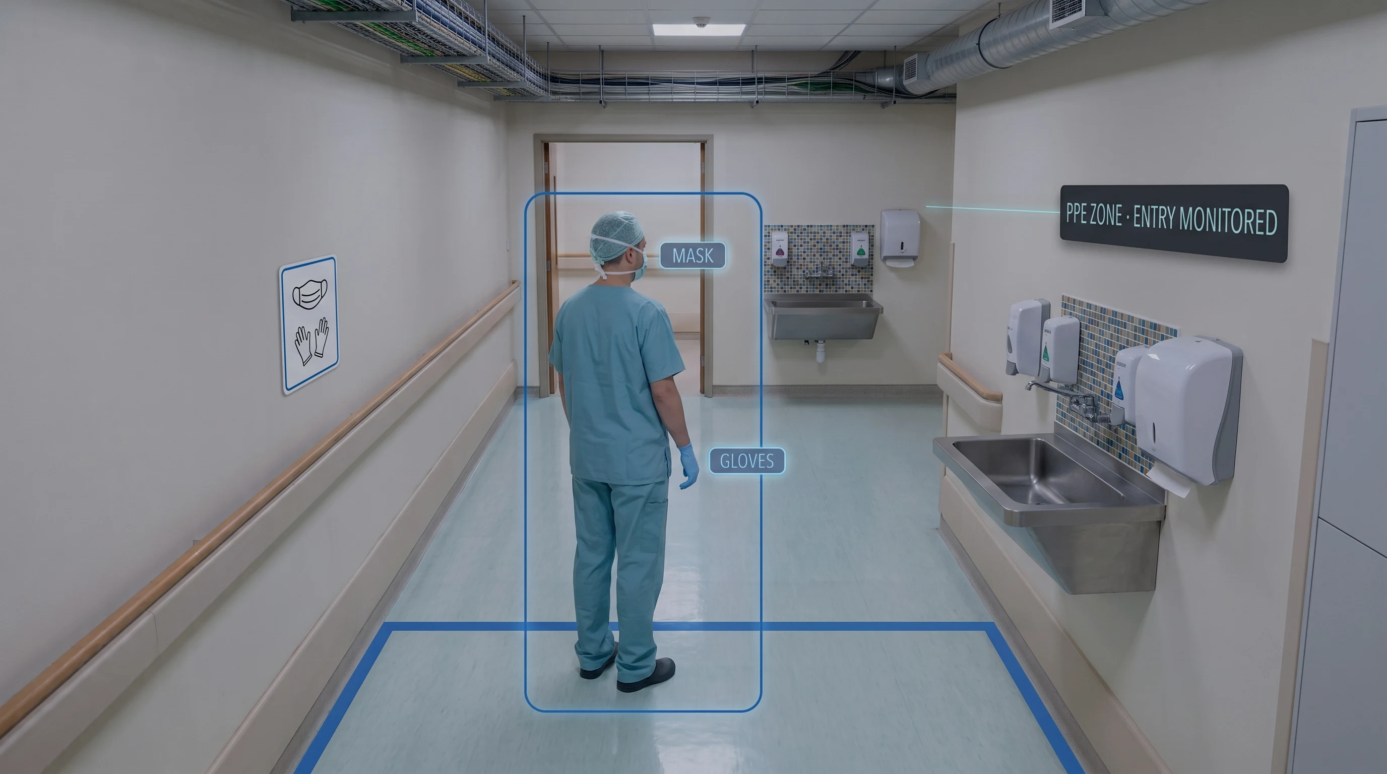AI monitoring clinical PPE compliance at the entry to a hospital clinical zone