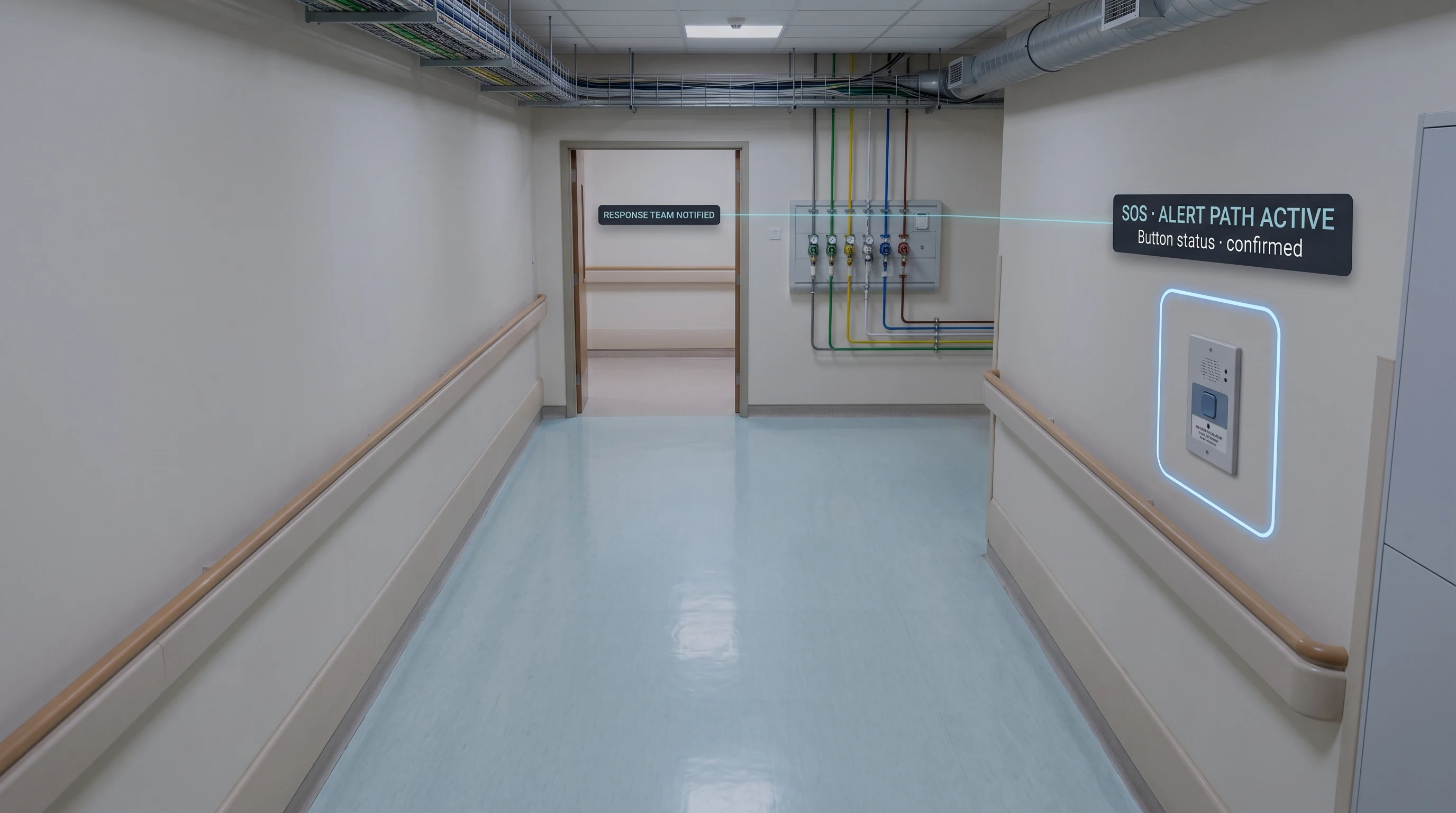 A rapid SOS alert path from a hospital corridor to the response team