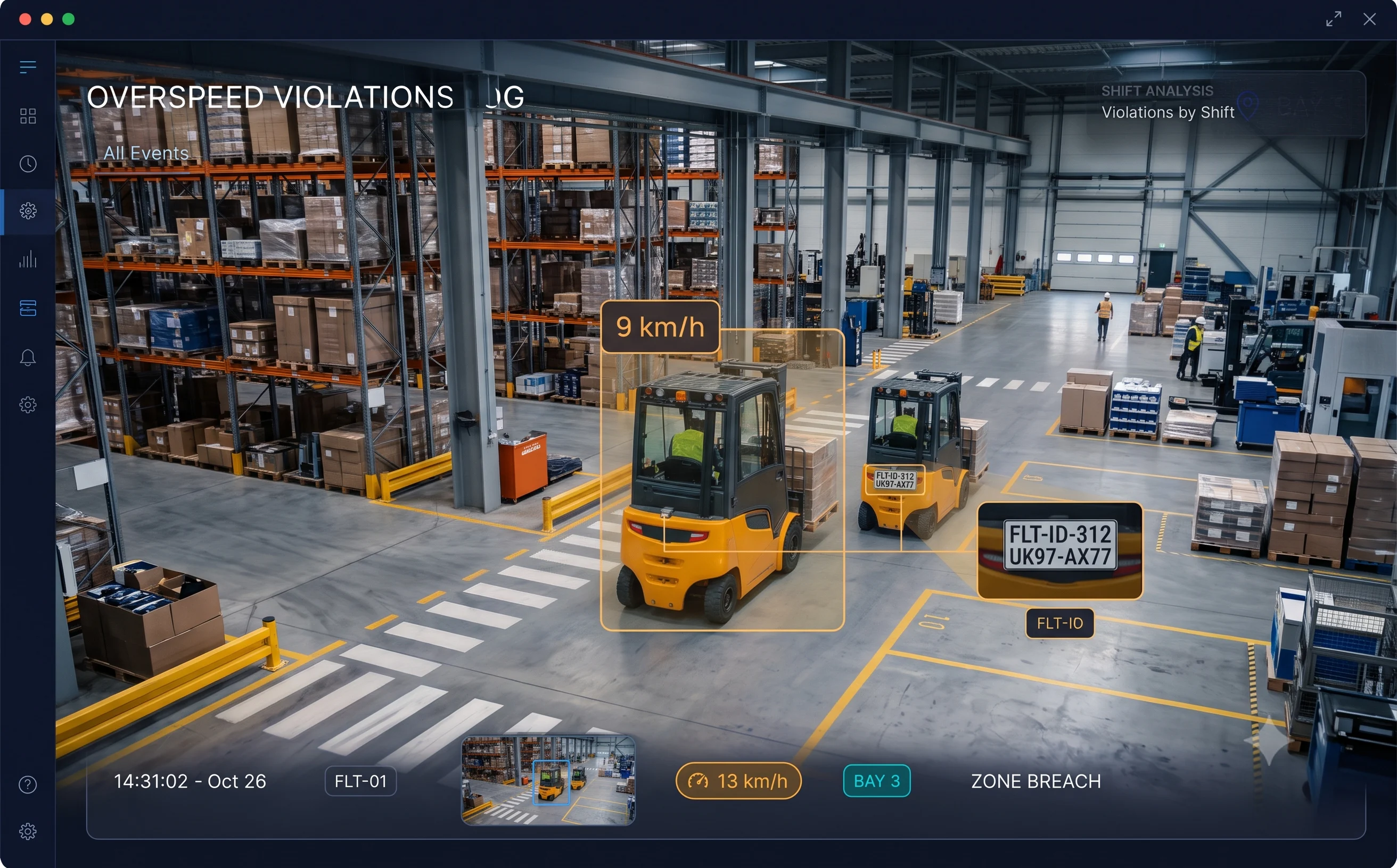 ANPR pairing identifying the specific offending forklift by plate or fleet marking after a speed violation