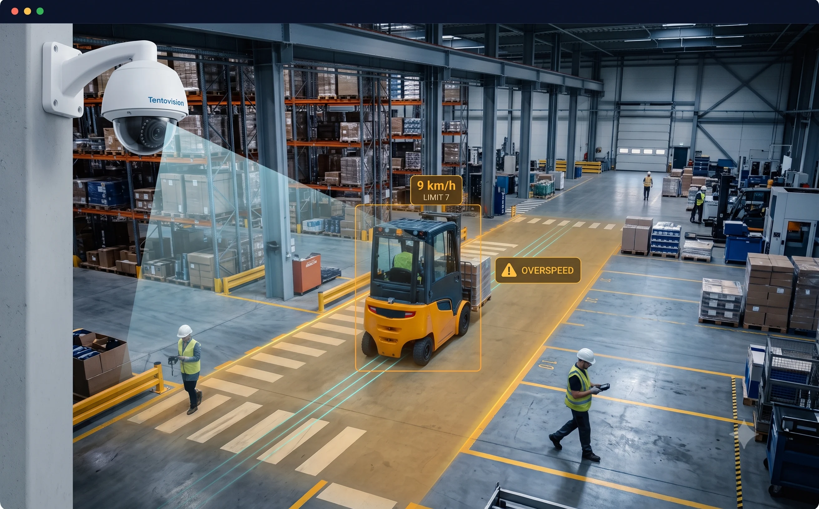 Tentovision AI detecting a forklift exceeding the 7 km/h limit in a pedestrian bay via existing CCTV with amber speed-violation overlay