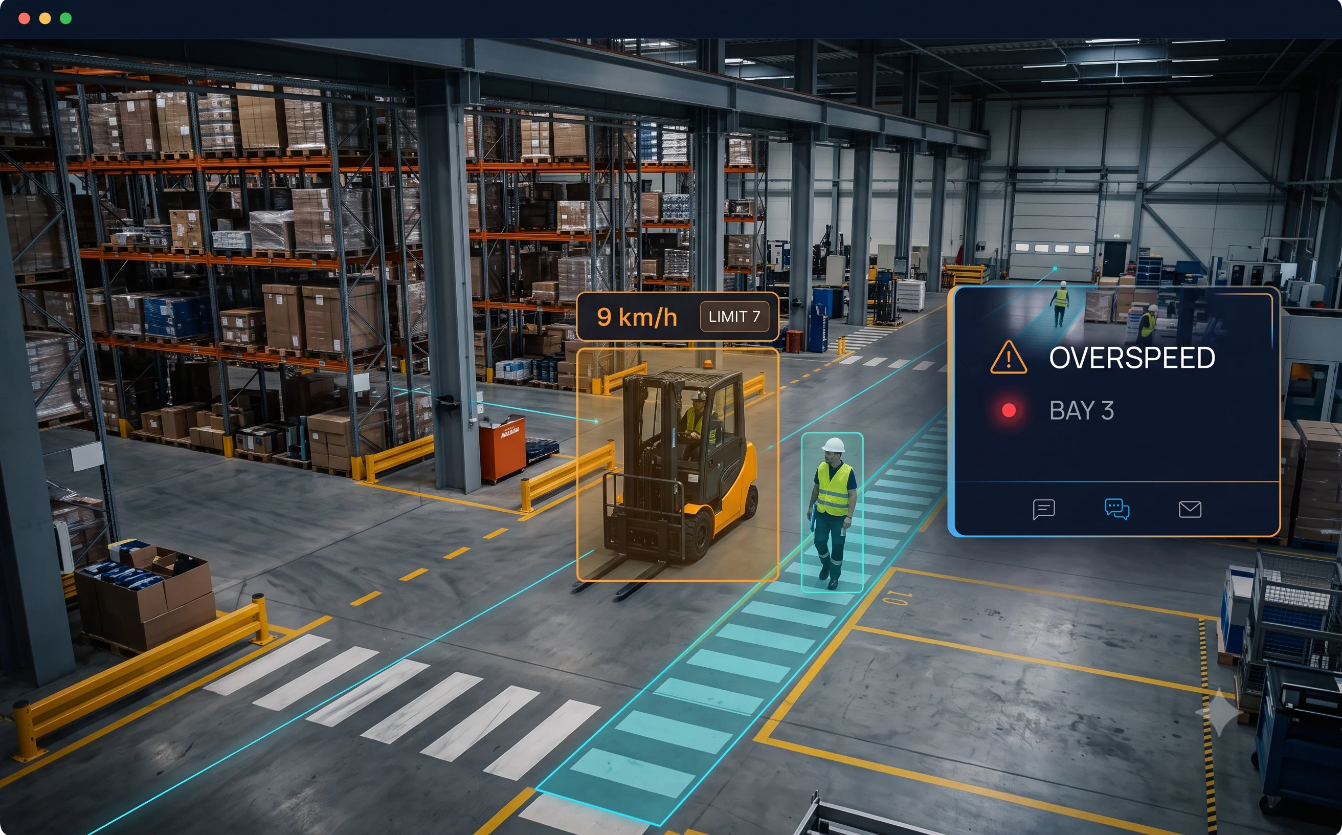 Real-time overspeed alert delivered to supervisor with detected speed, zone, and timestamp