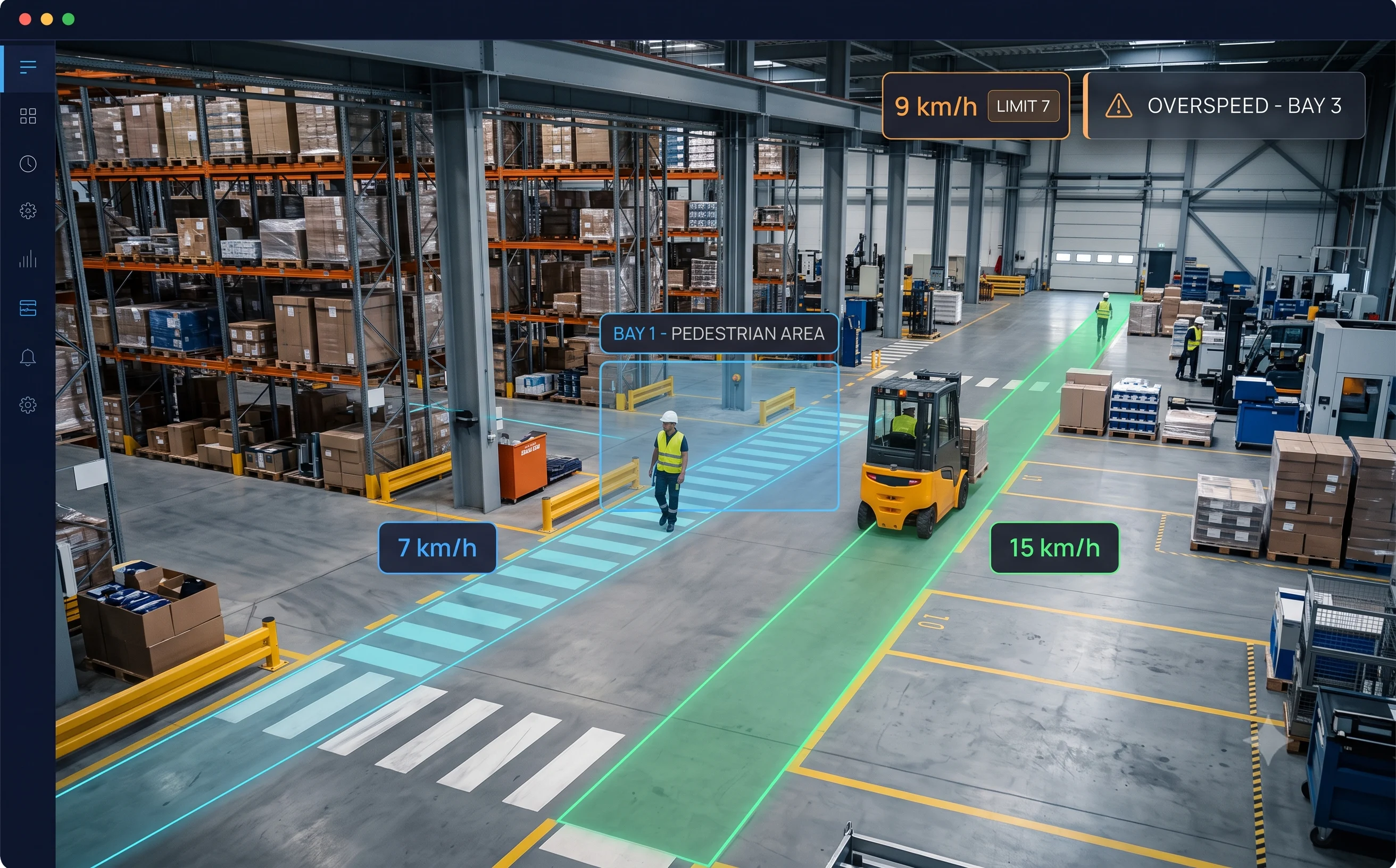 Zone-based speed limit enforcement across a plant floor plan with strict pedestrian bay and higher open-road limits