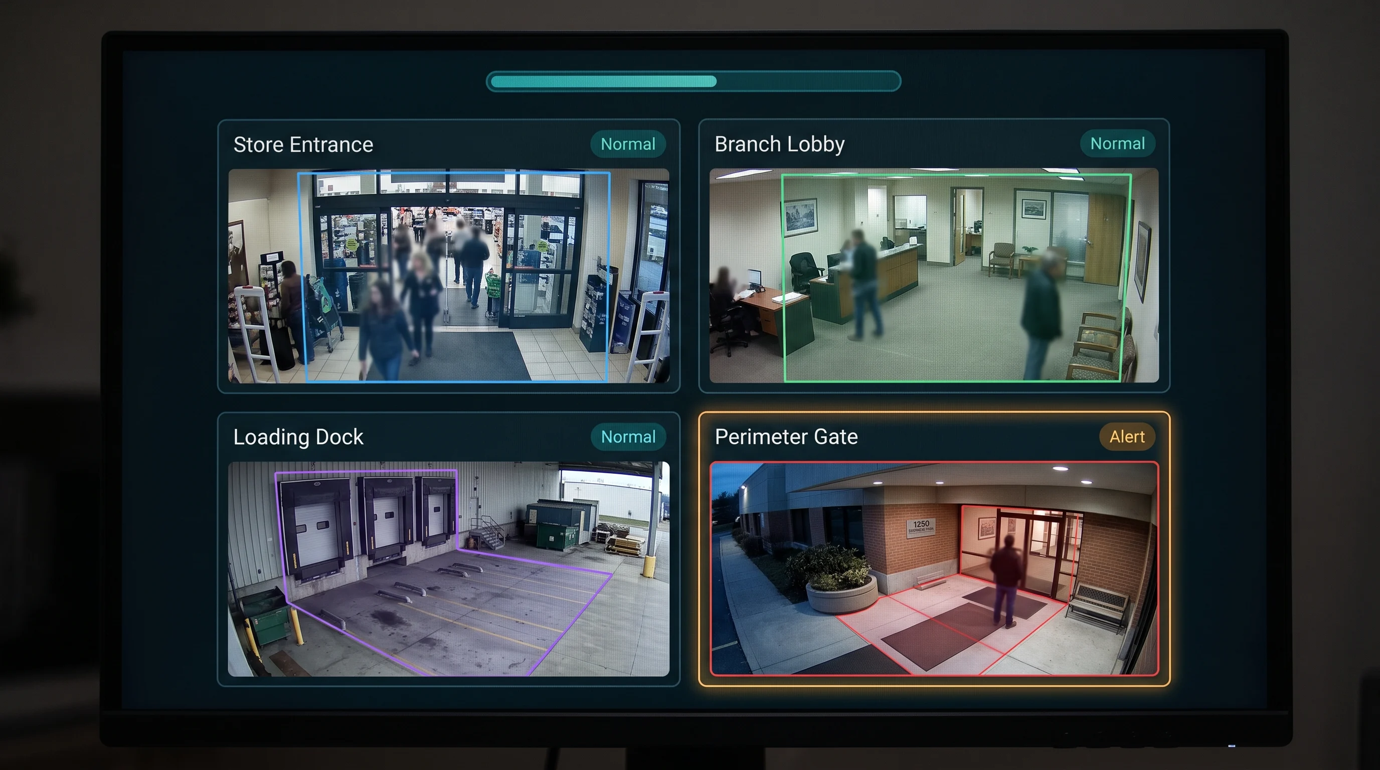 Multiple zones across multiple sites monitored simultaneously, each with independent dwell thresholds