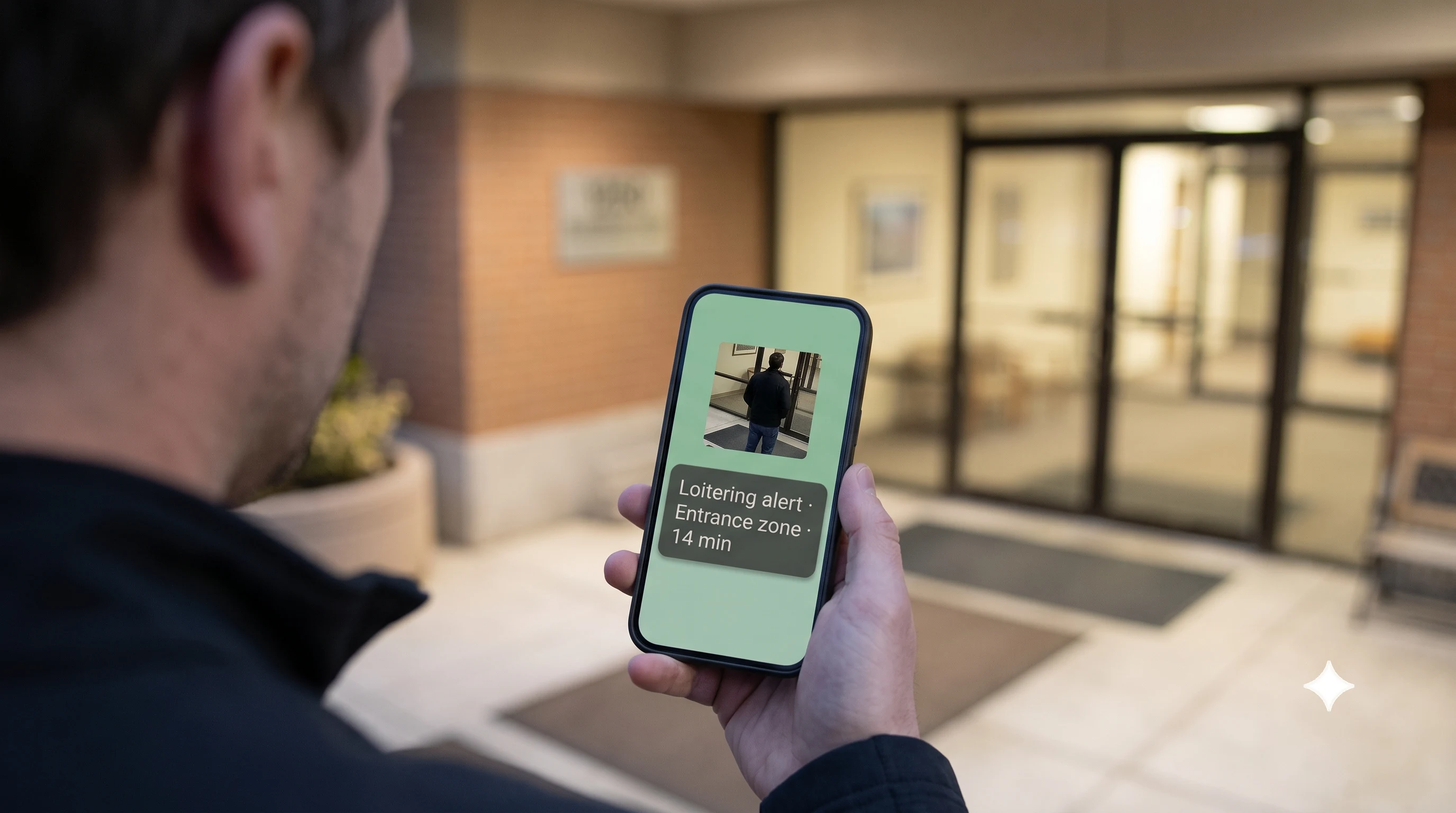 Real-time loitering alert delivered with a timestamped snapshot as evidence