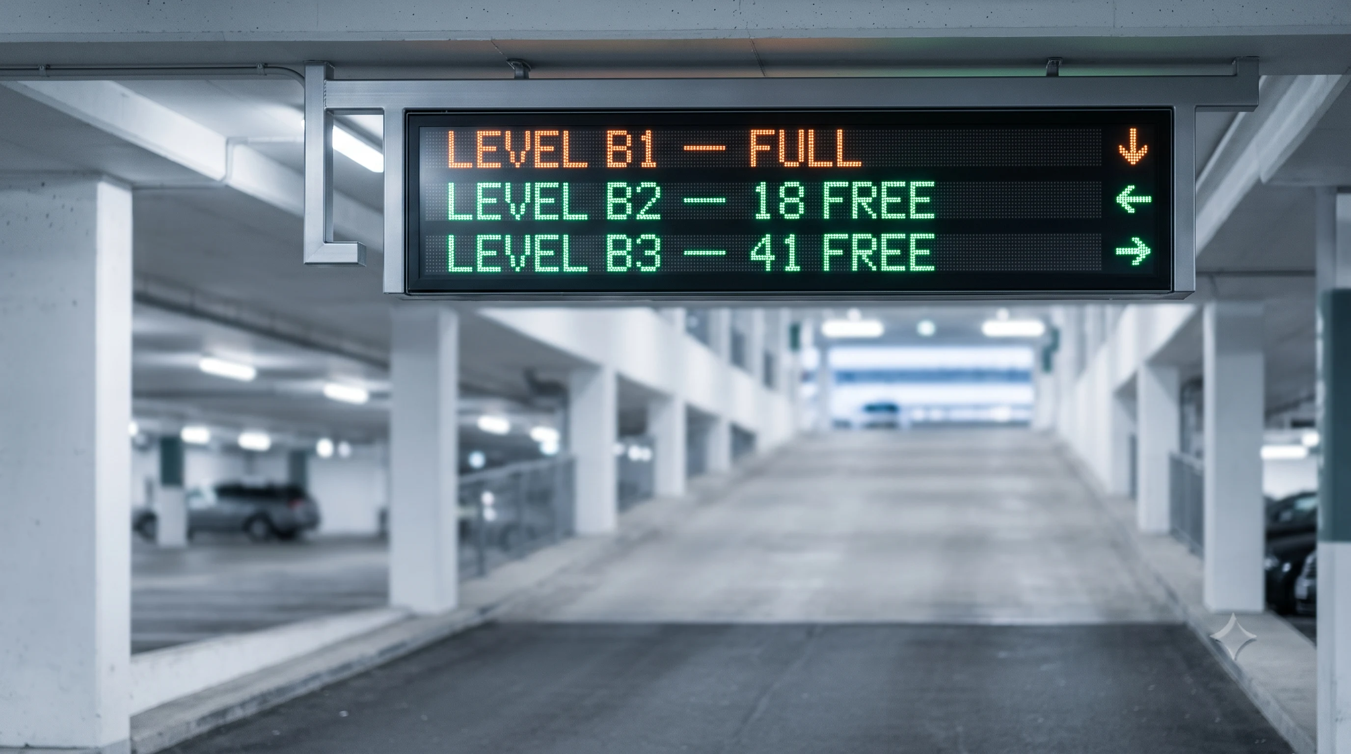 Parking availability display showing free bays by level and zone to guide arriving drivers
