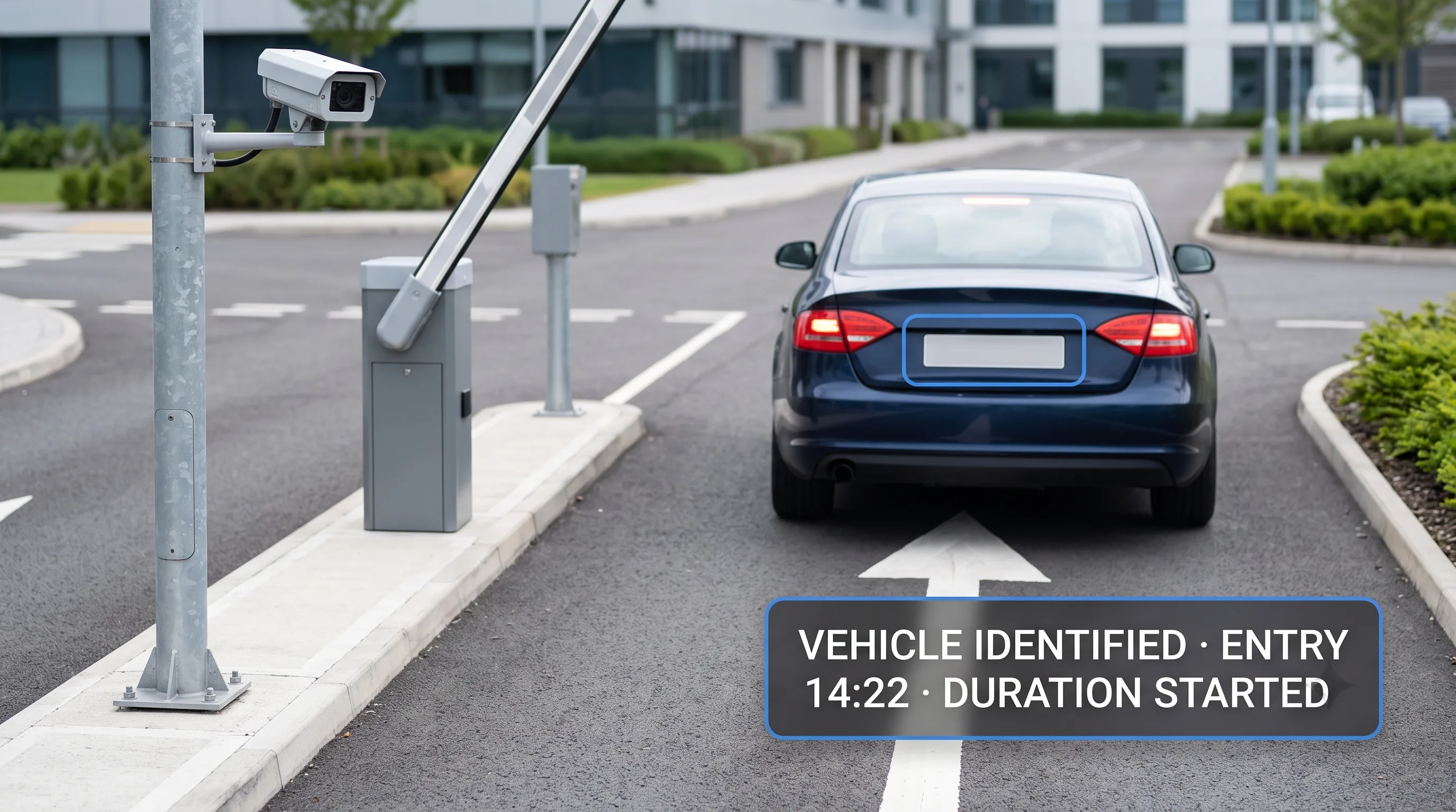 Automated parking entry lane with number plate recognition identifying a vehicle at the barrier