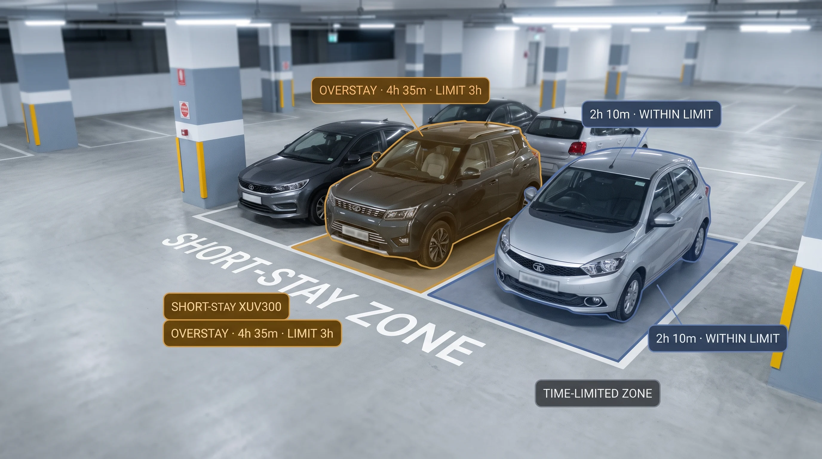 Parking duration tracking showing a vehicle exceeding its permitted stay in a time-limited bay