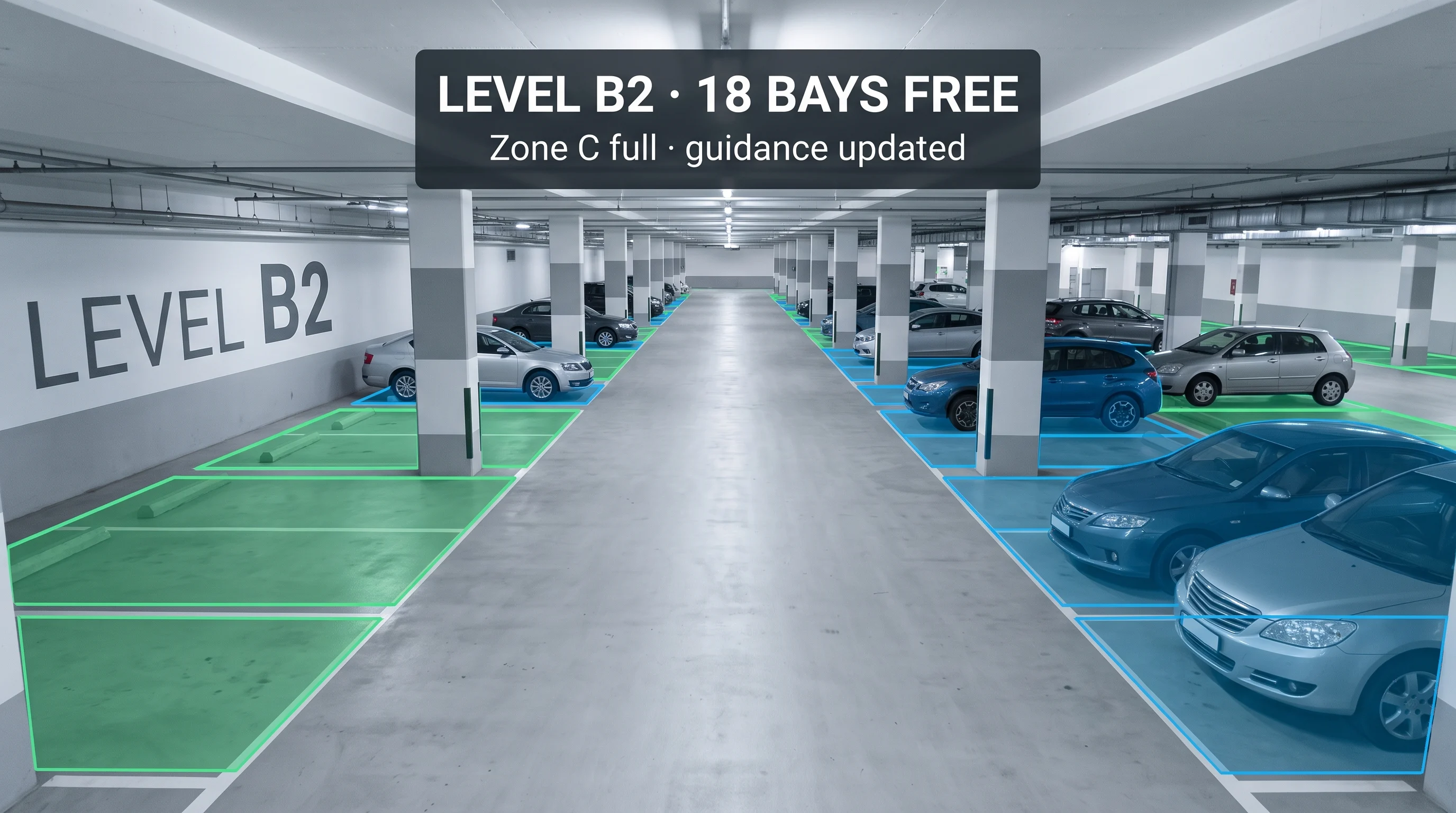 AI parking management detecting free and occupied bays across a multi-level car park from an existing CCTV camera