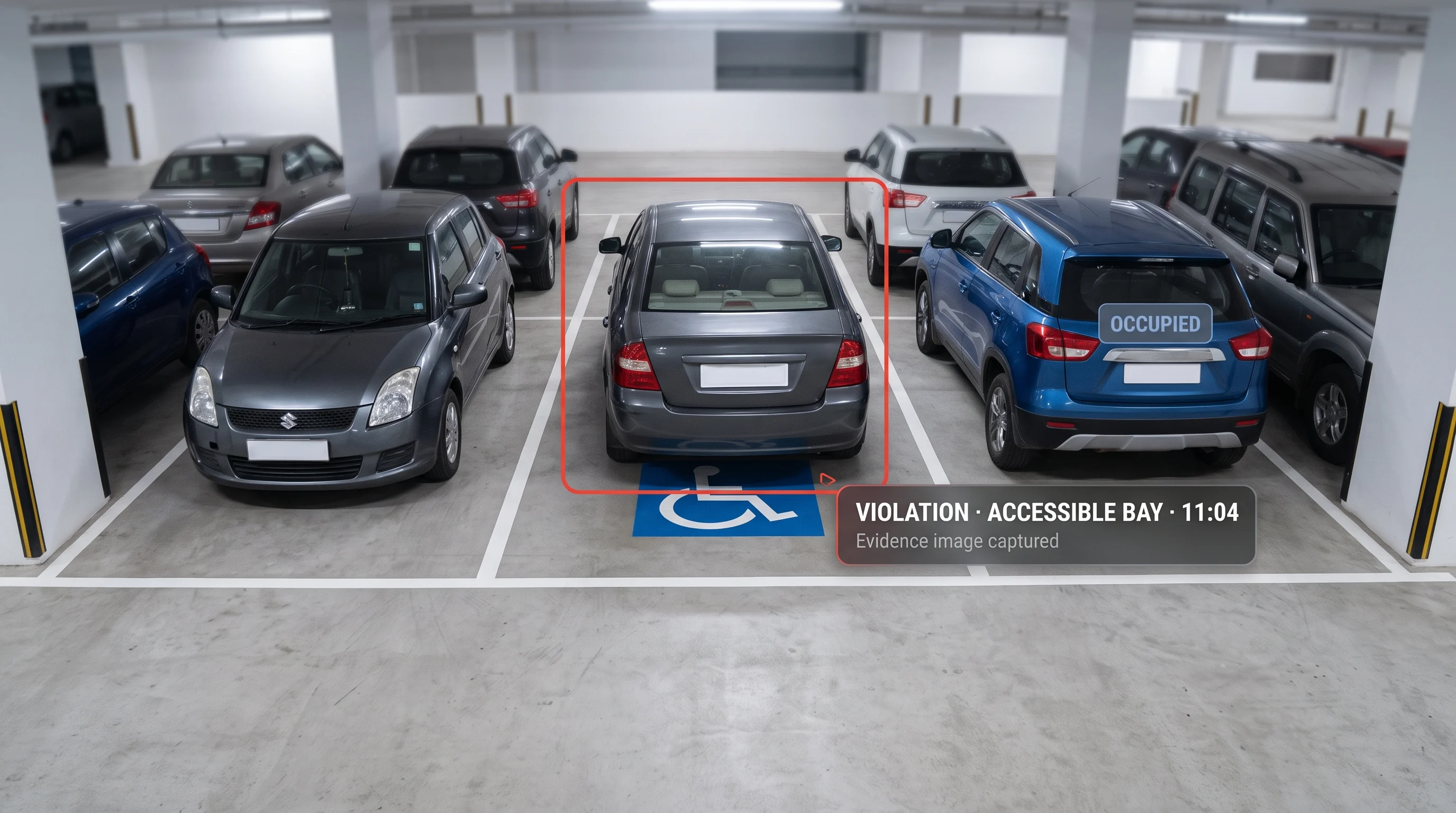 Vehicle detected occupying an accessible parking bay without entitlement, flagged with a timestamped image