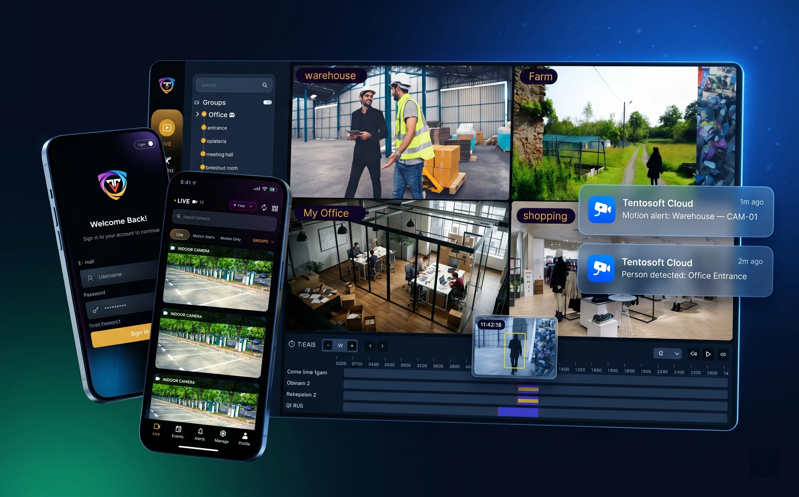 Tentosoft Tentovision white-label AI video analytics platform — branded dashboard showing client management, AI modules and live camera feeds