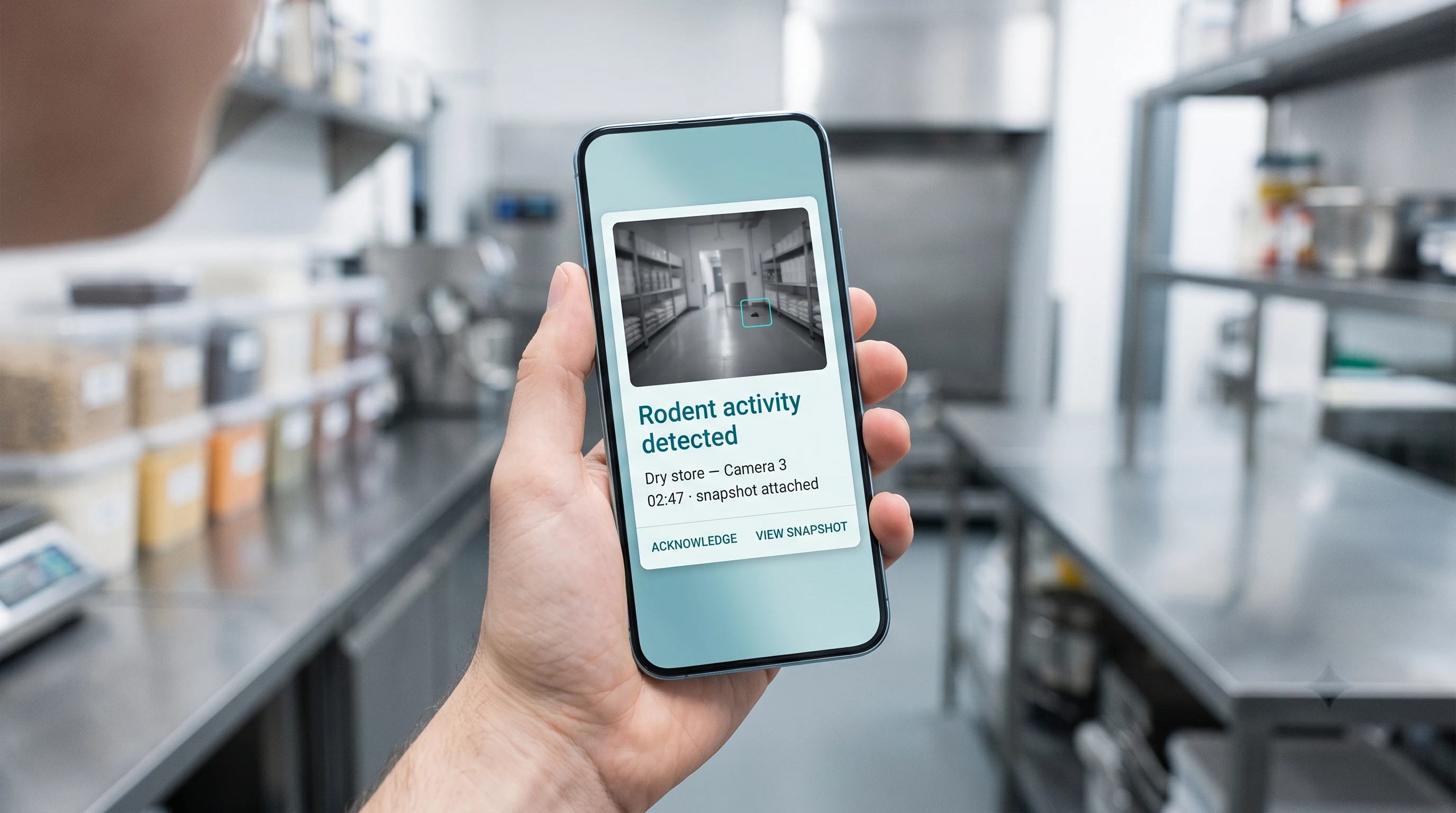 Pest activity alert showing a timestamped snapshot with location for the food-safety team