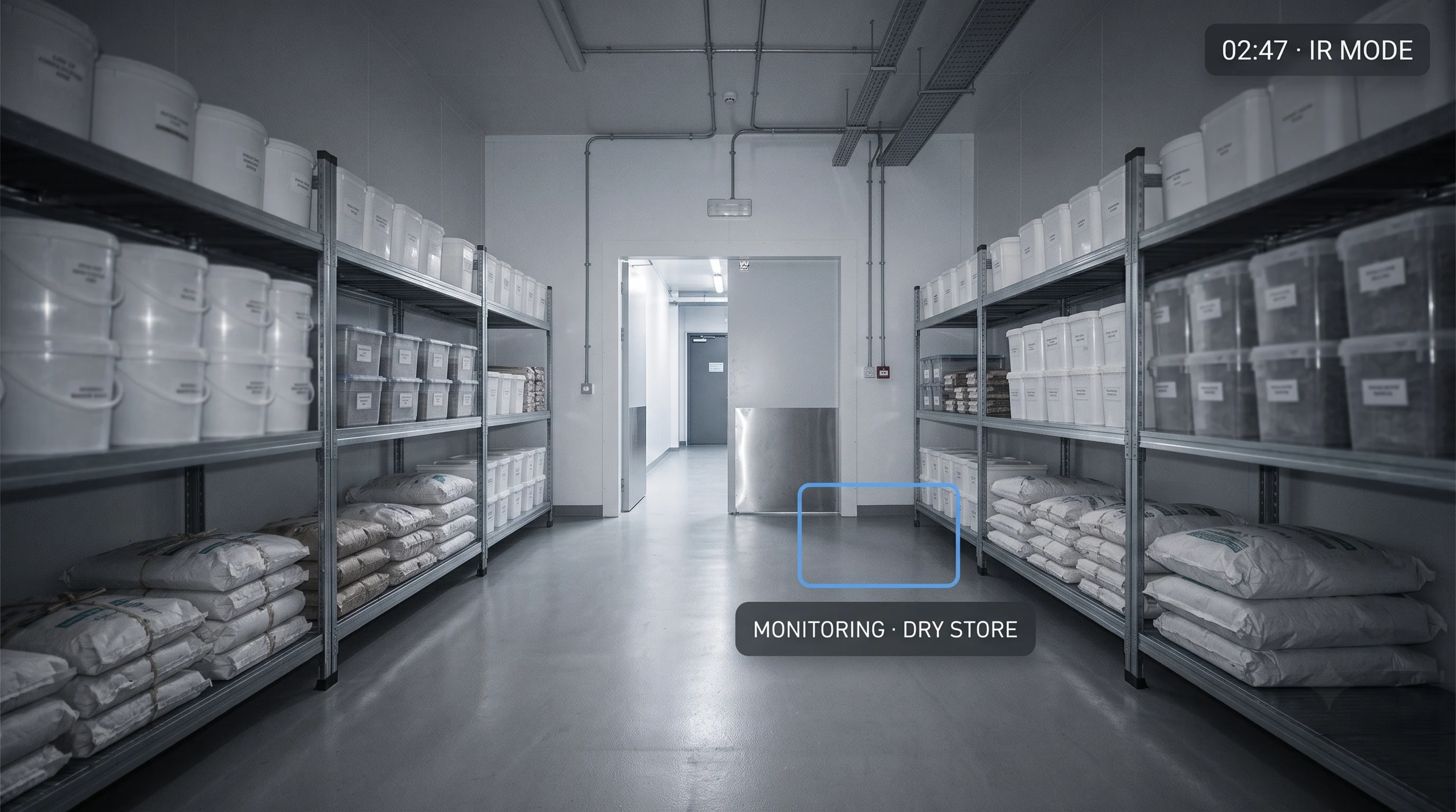 Overnight low-light pest monitoring of an empty commercial kitchen store area using an infrared-capable camera
